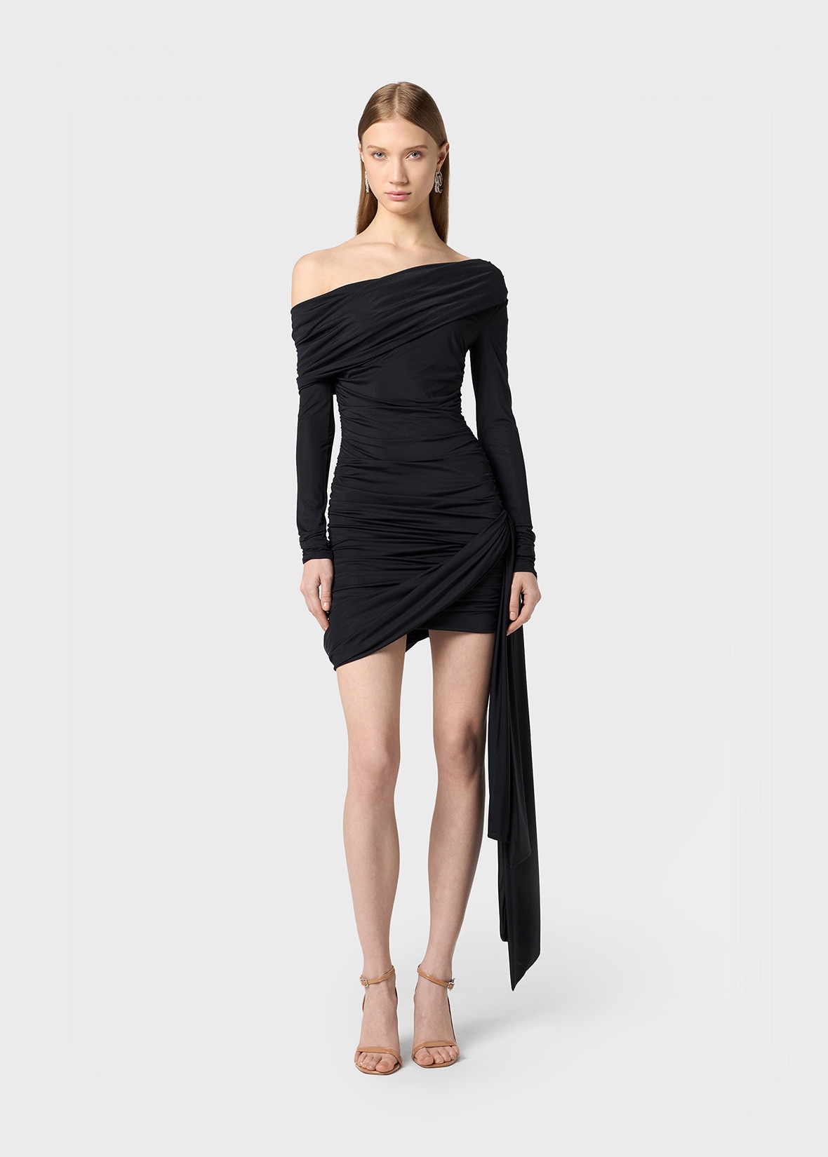 ONE-SHOULDER DRESS WITH DRAPES AND SASH - 2