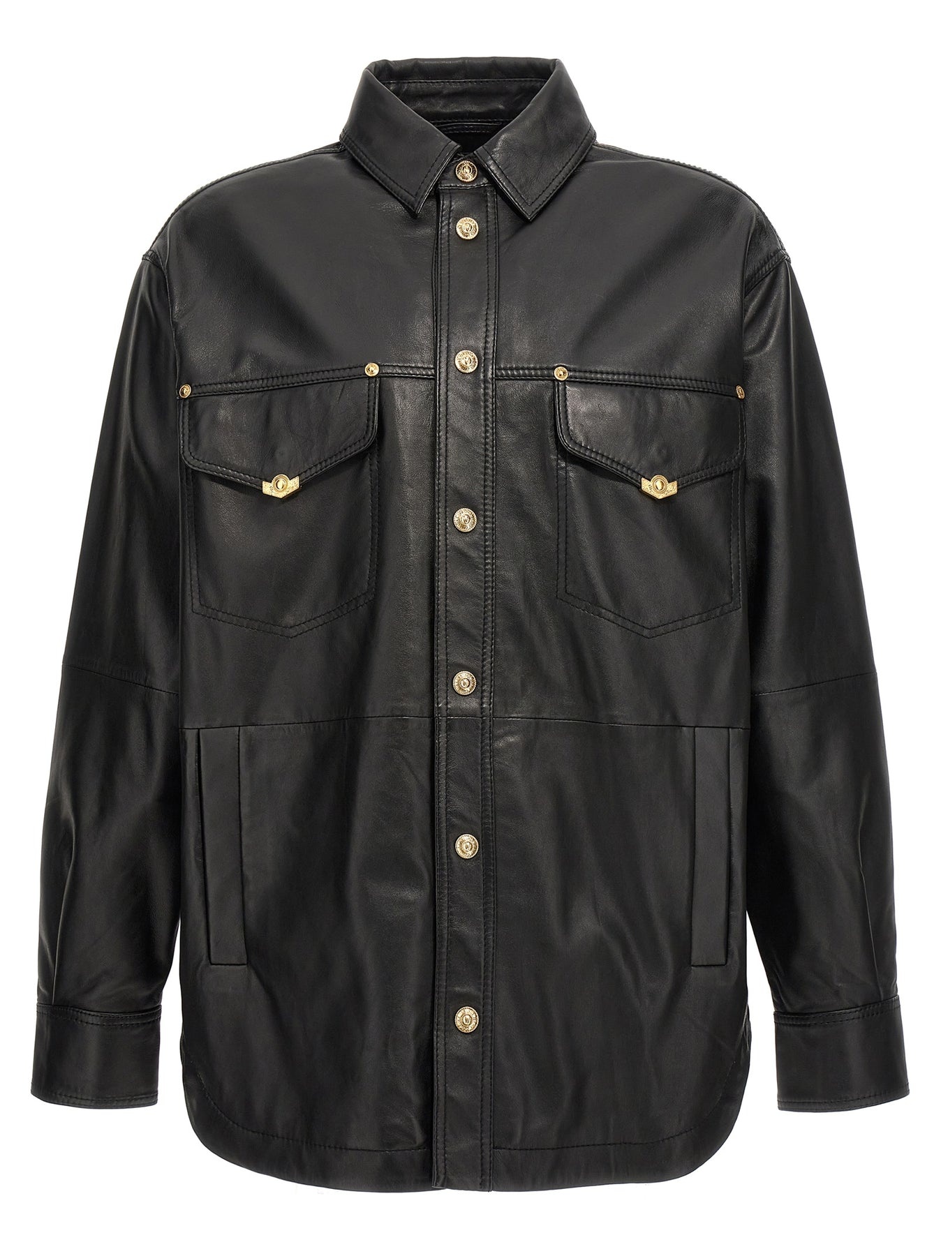 Logo Button Leather Jacket Casual Jackets, Parka Black - 1