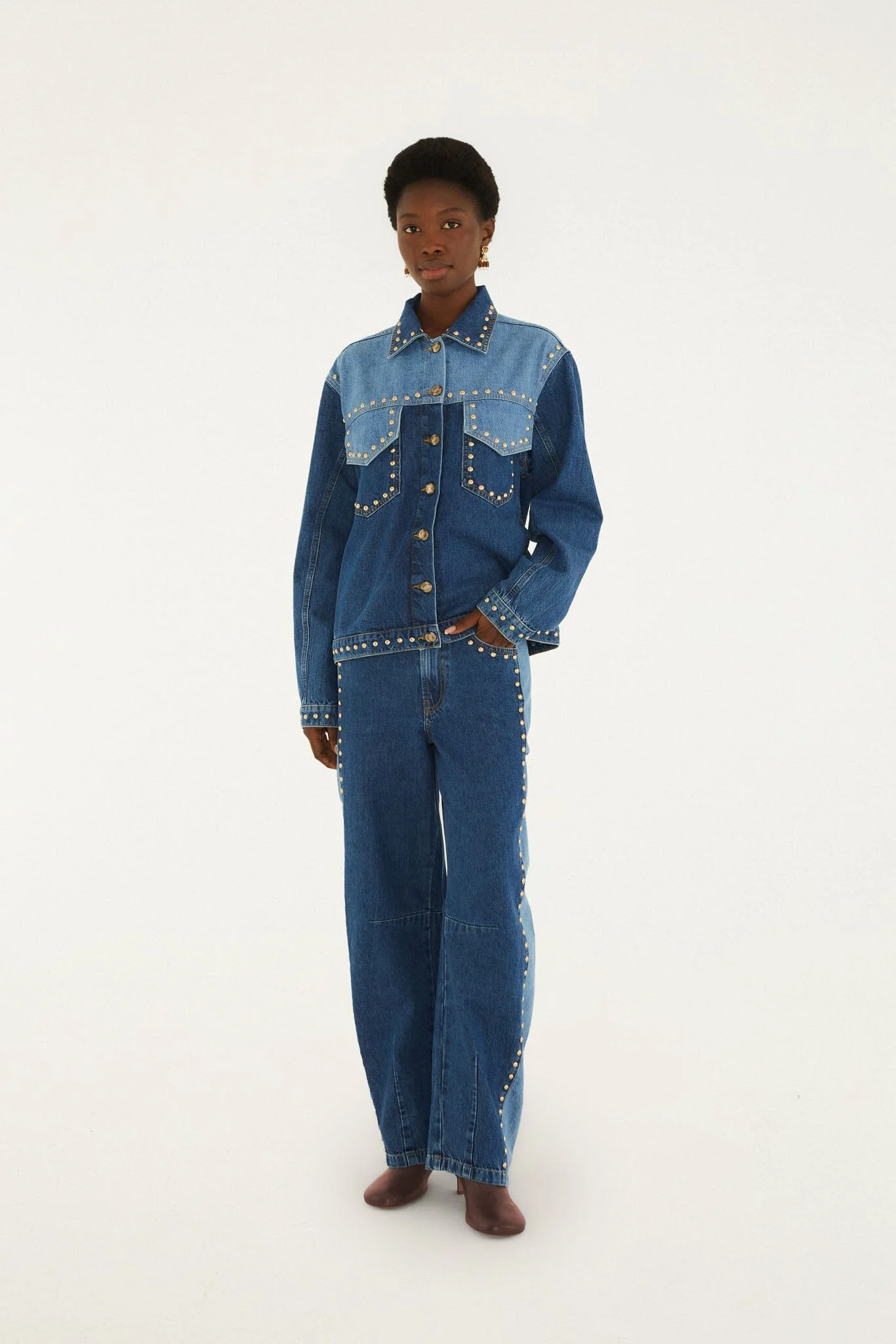 Details Studs Metal Denim Pants - 1