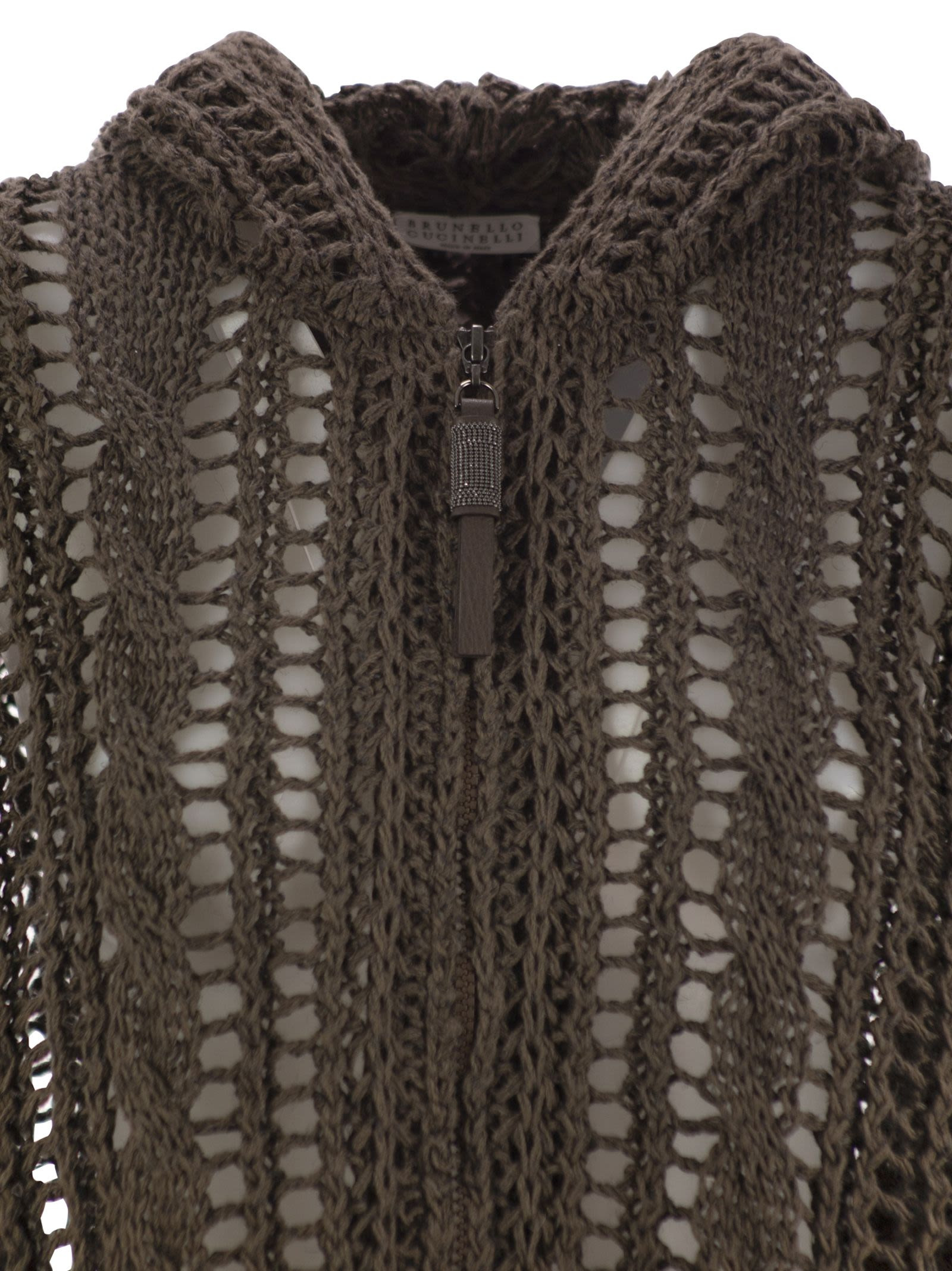 Brunello Cucinelli Women Cable & Mesh Jute And Cotton Cardigan With Hood And Shiny Zipper Pull - 4