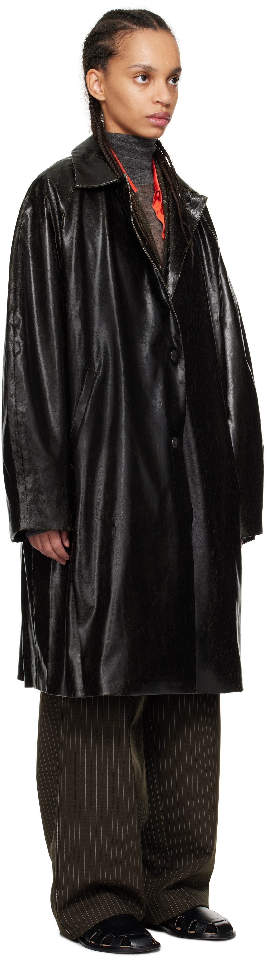 Black Scratched Faux-Leather Coat - 3