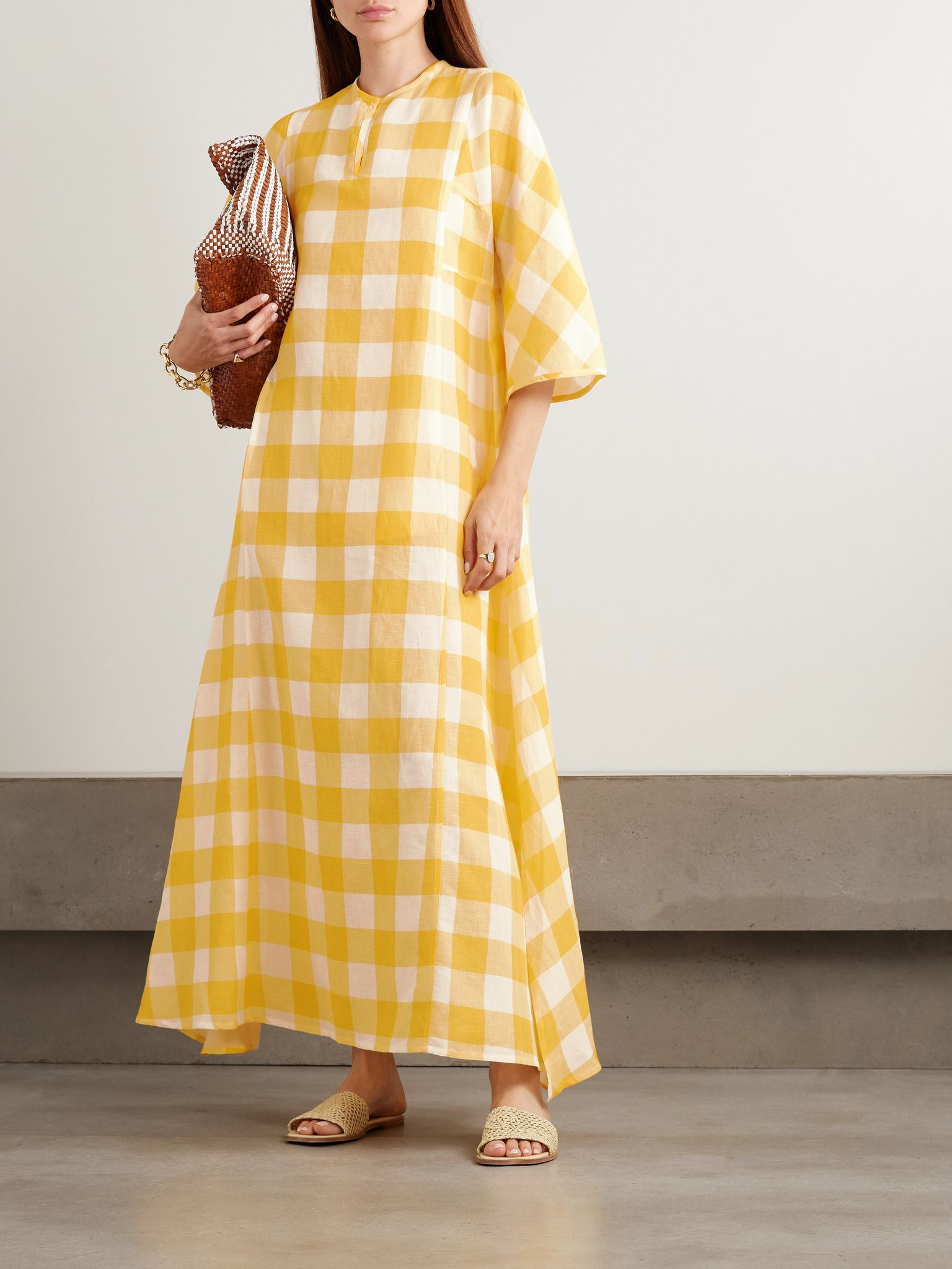 Rachel gingham linen and cotton-blend maxi dress Yellow - 2