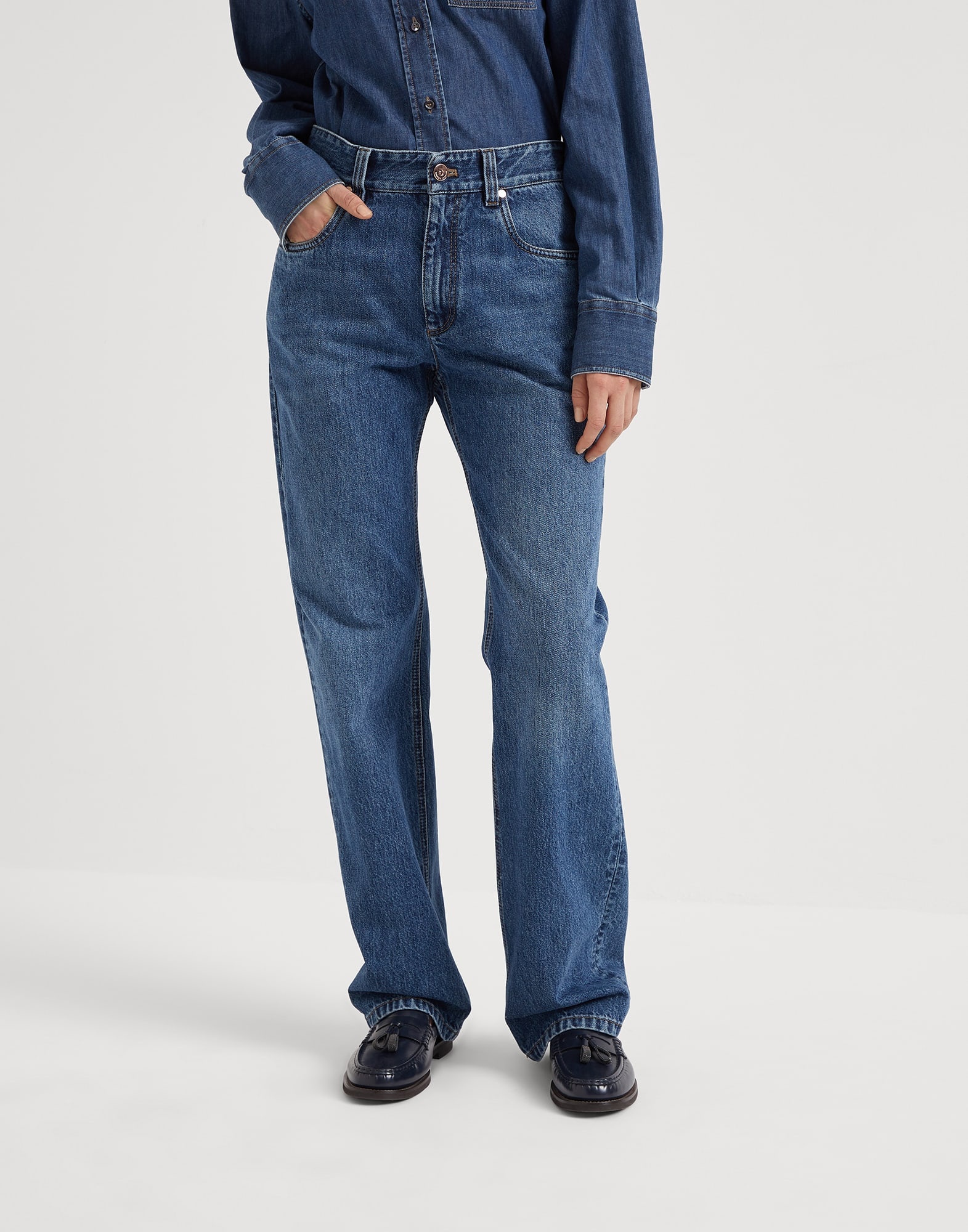 Authentic denim straight trousers with monili - 1