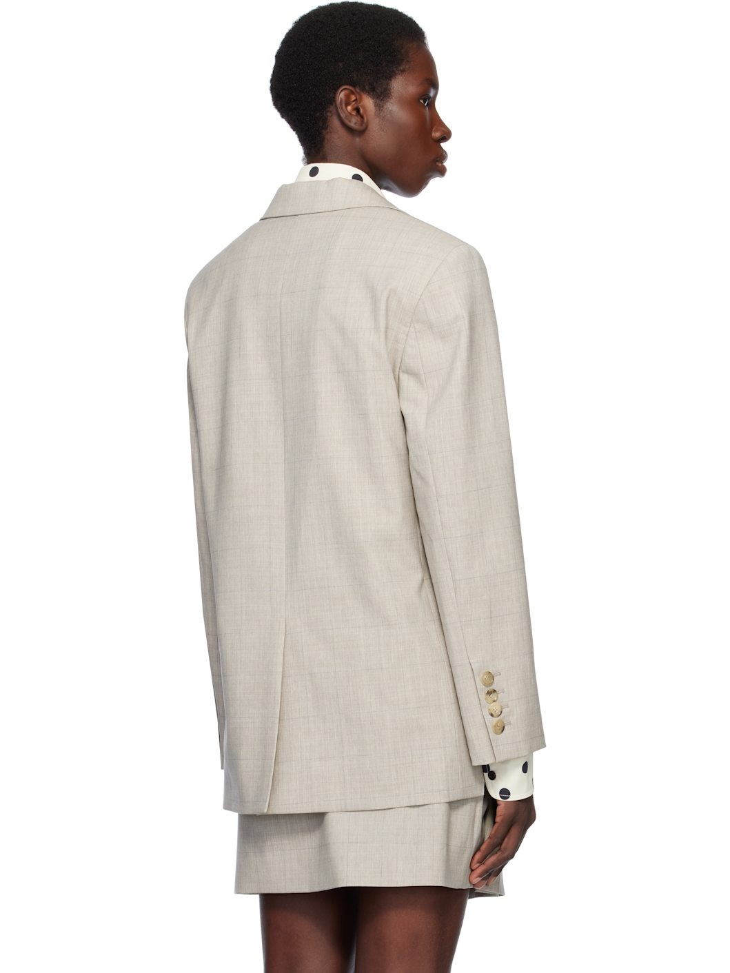 Beige Wool Check Blazer - 3