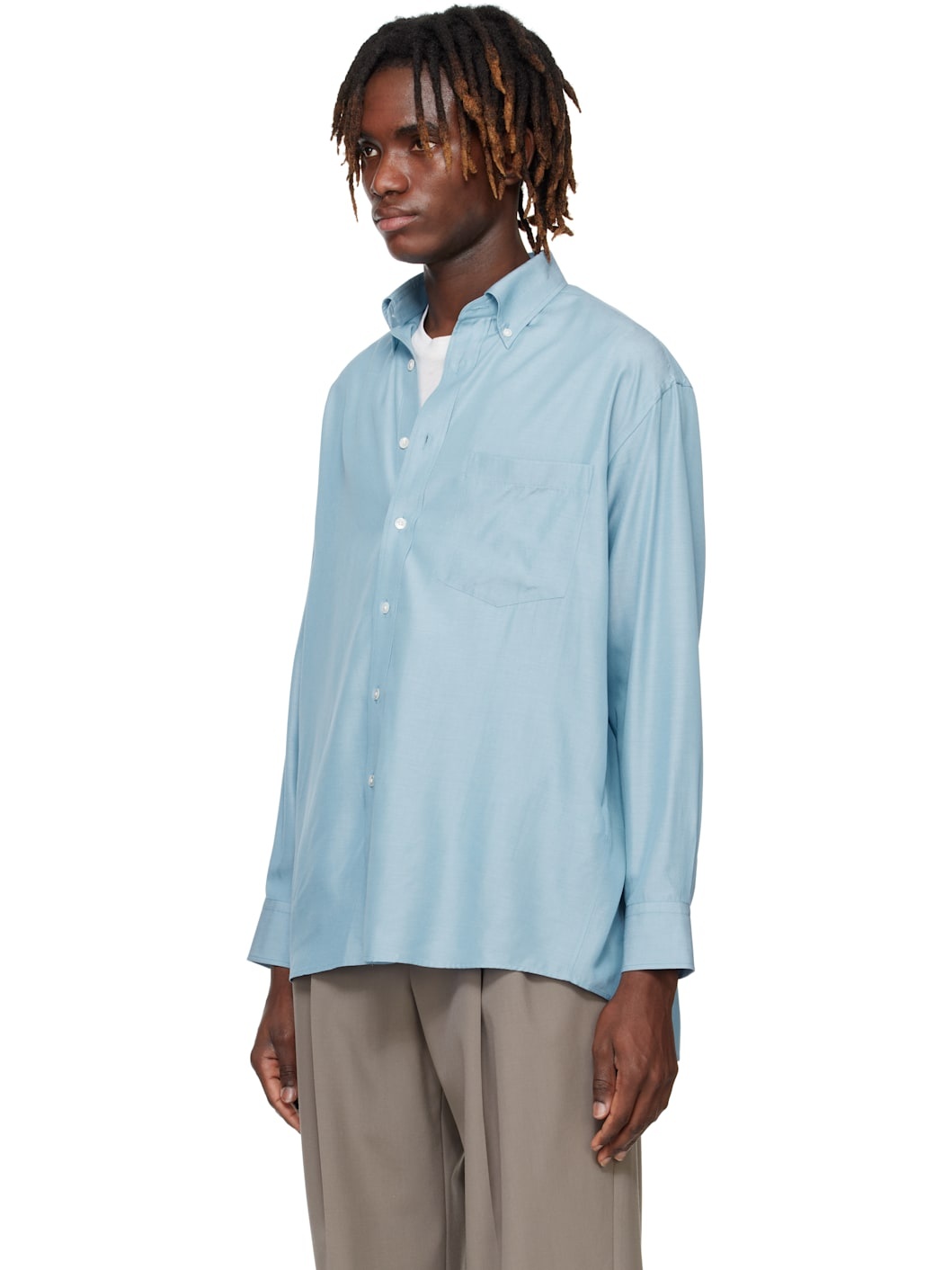 Blue Silk Broad Button Down Shirt - 4