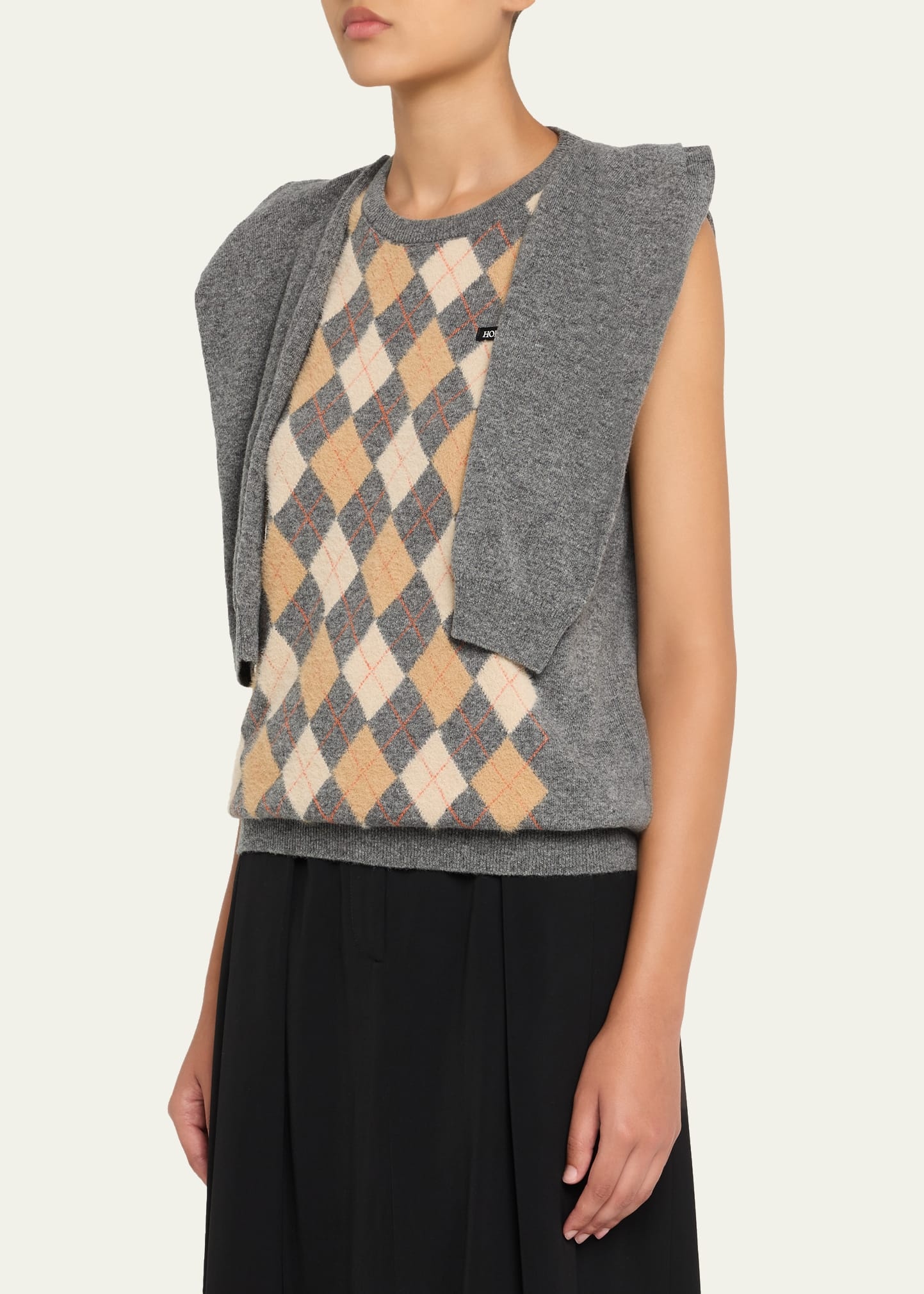 Argyle Knitted Draped-Sleeve Sweater Vest - 4