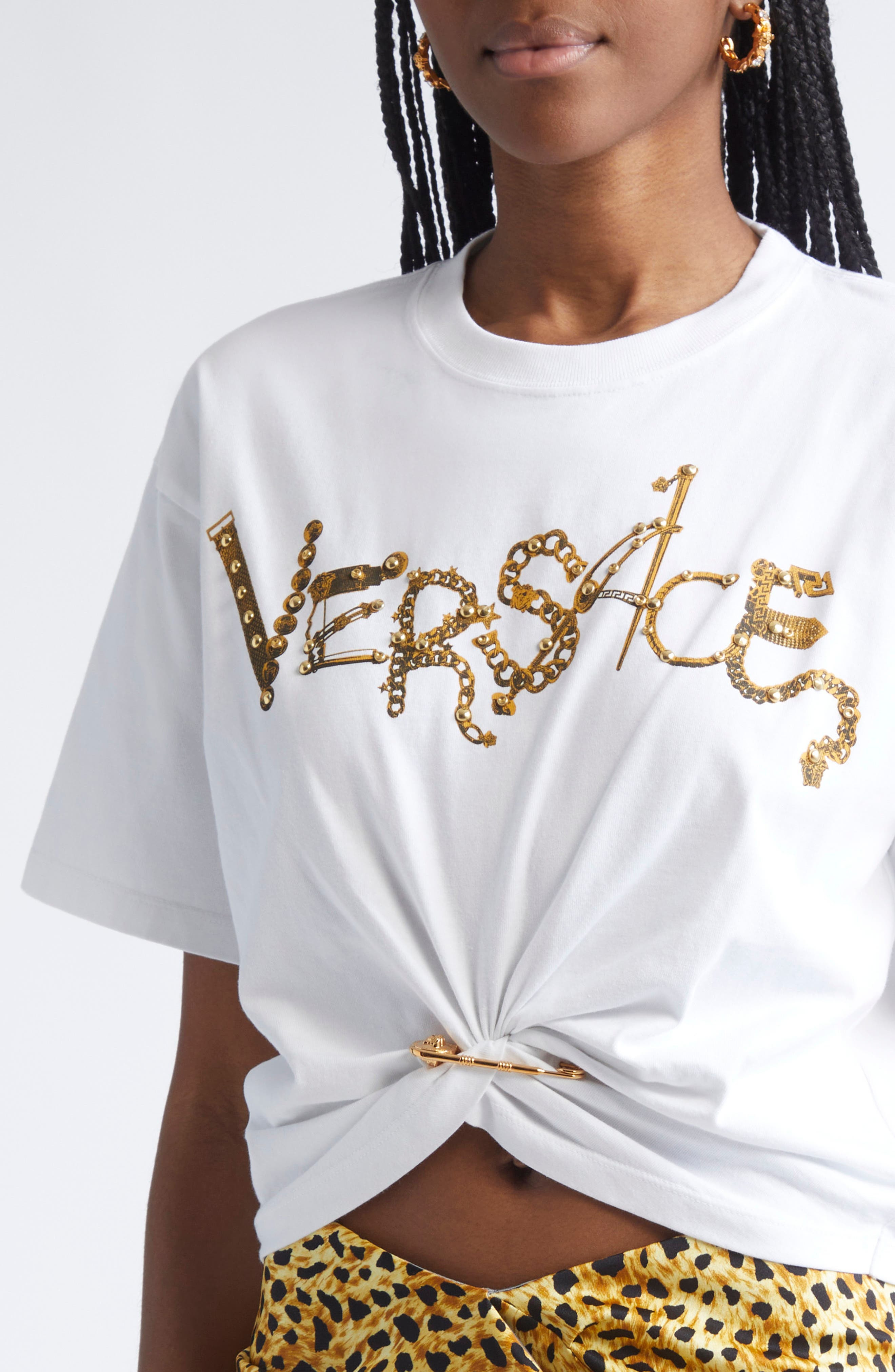 Versace Studded Chain Logo Safety Pin Graphic T-Shirt in Optical White at Nordstrom - 5