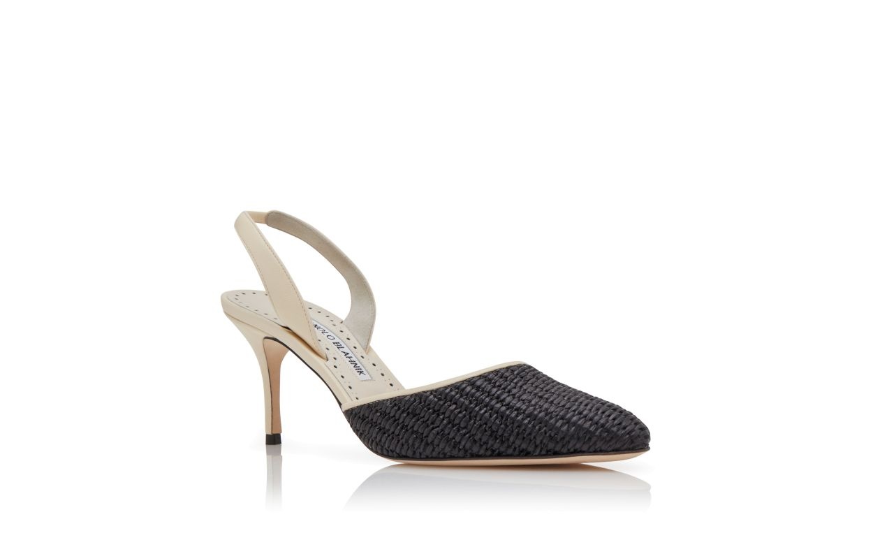 Cream and Black Raffia Slingback Pumps - 3