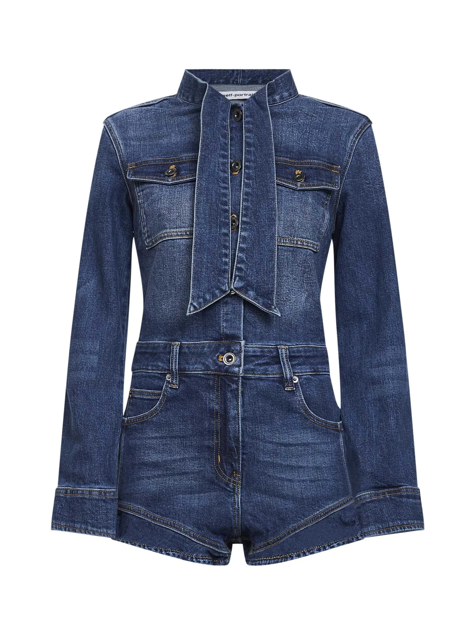 Blue stretch denim frill playsuit - 1