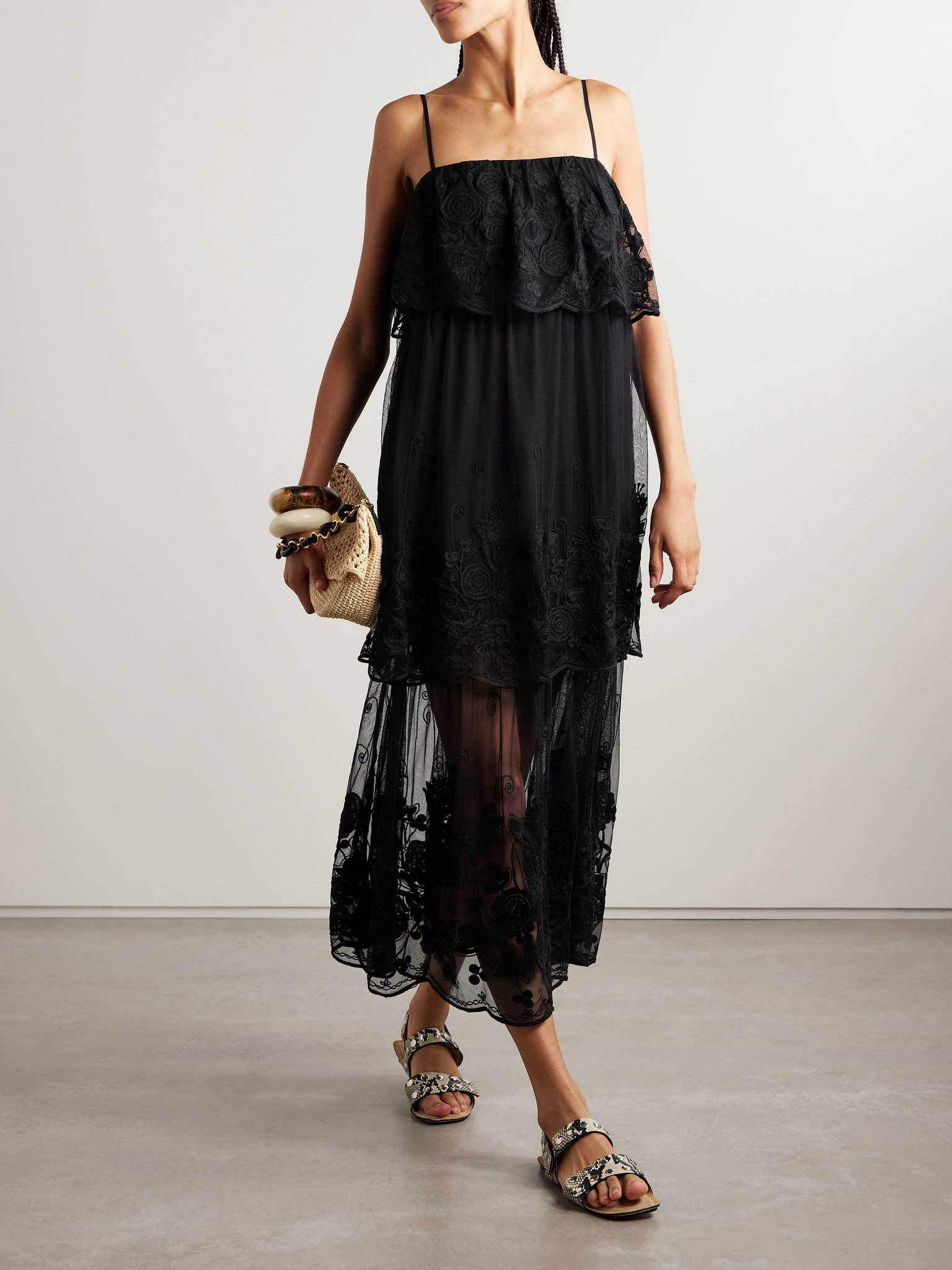 Arielle tiered embroidered tulle midi dress Black - 2