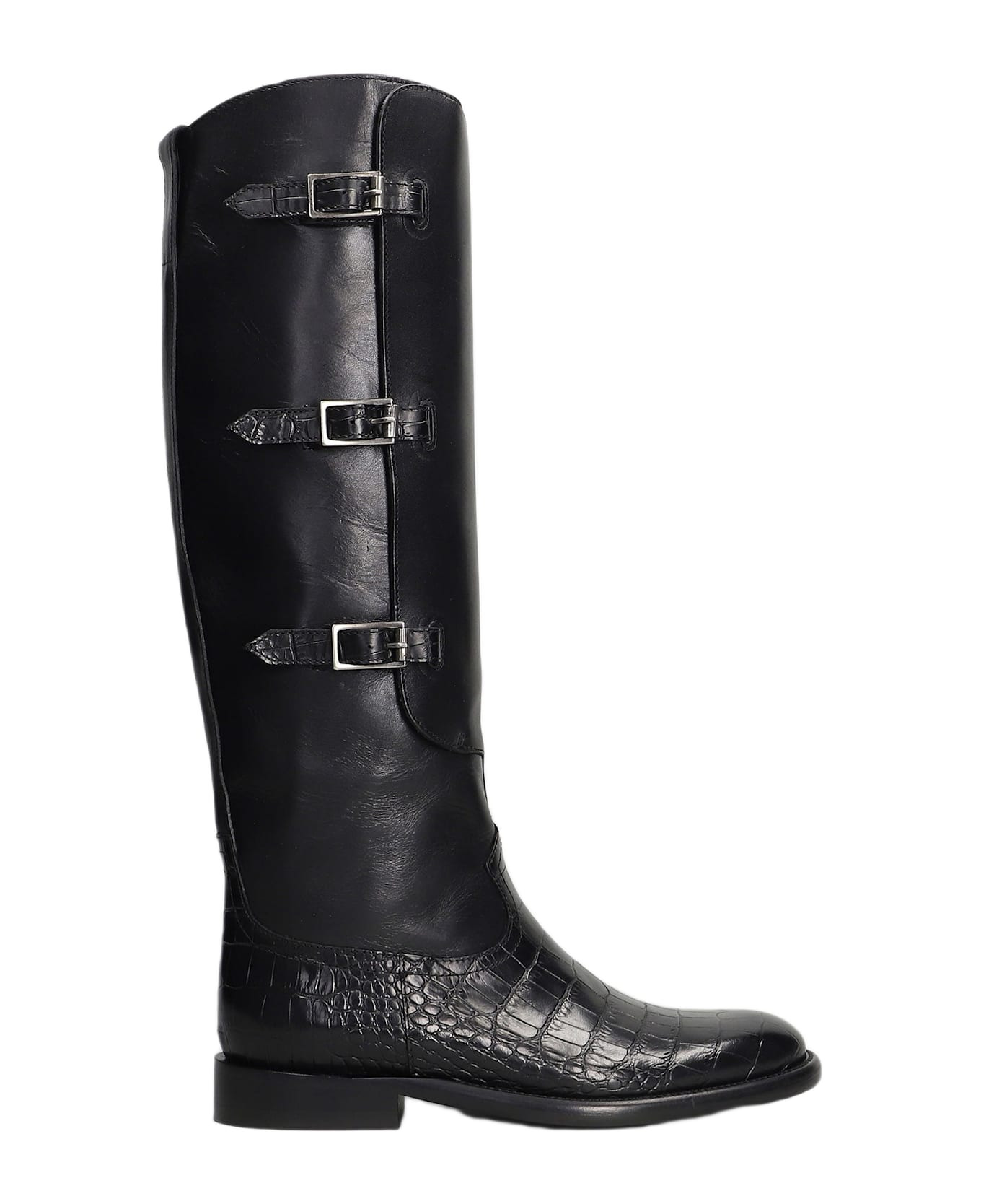Montana Buckle Boot Low Heels Boots In Black Leather - 1