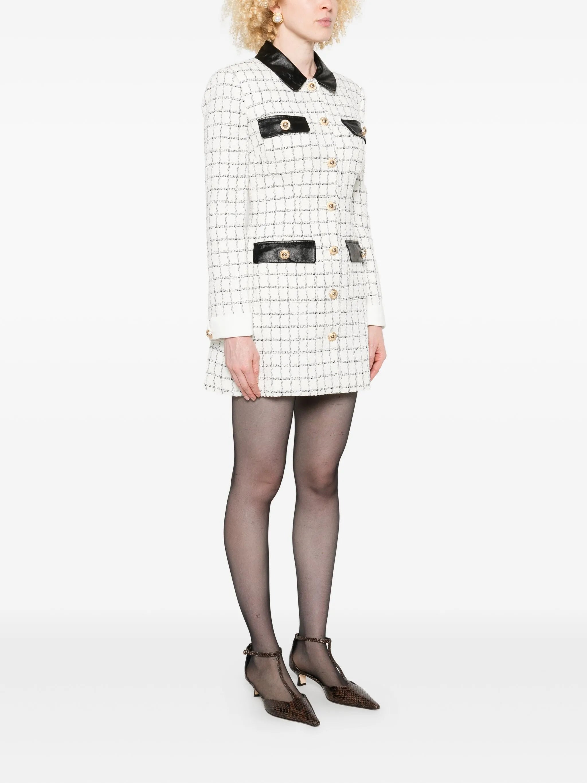 Self-portrait Checked Leather-trimmed Mini Dress - 3