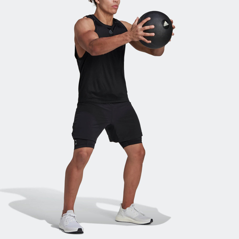 adidas Men's adidas Hiit Spin Sho 2 In 1 Leggings Elastic Waistband Sports Shorts Black HR3772 outlook