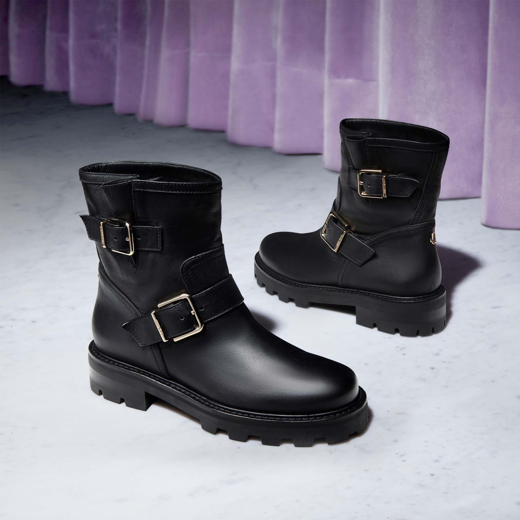 Youth II
Black Smooth Leather Biker Boots with Gold Buckles - 6