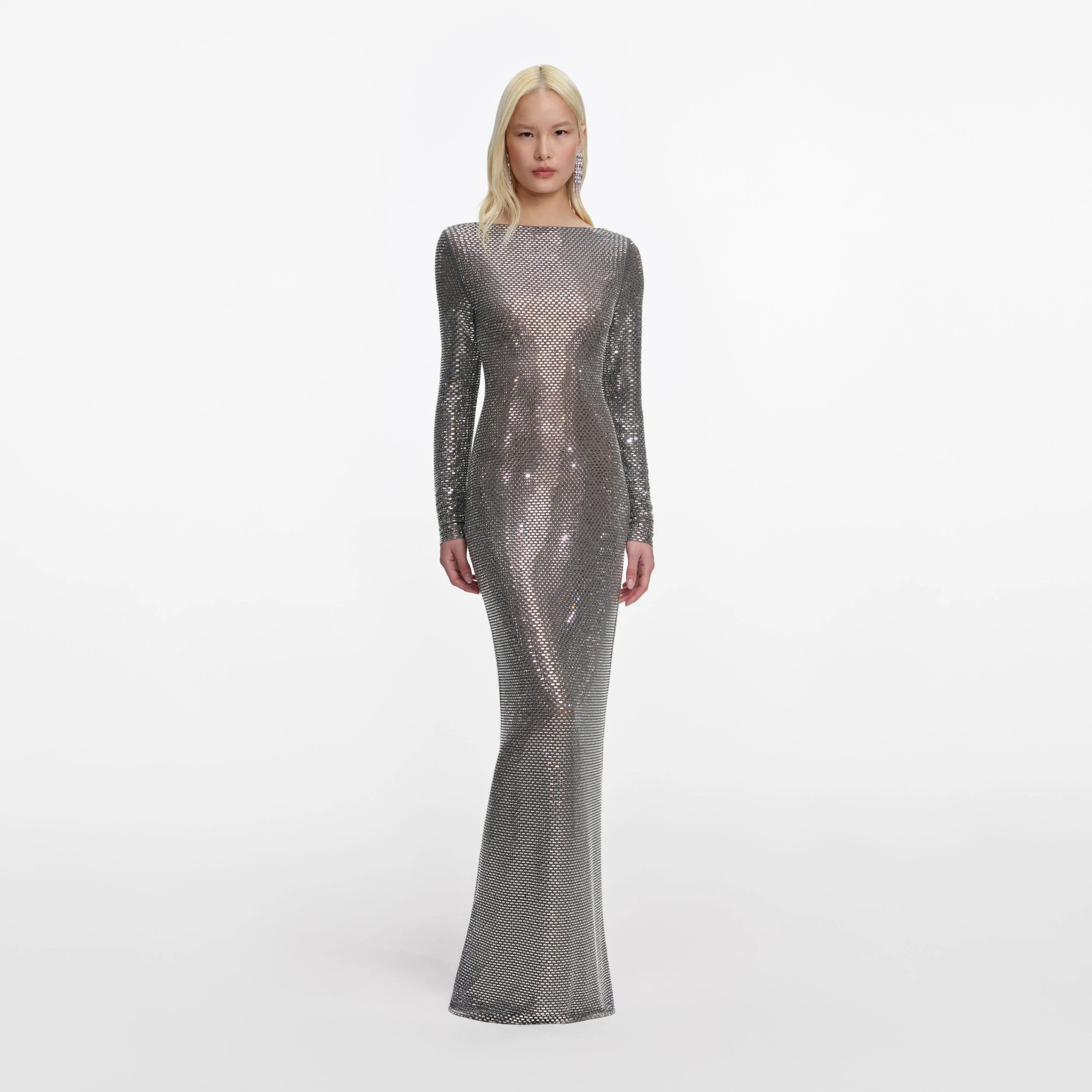 Grey Rhinestone Long Sleeve Maxi Dress - 1