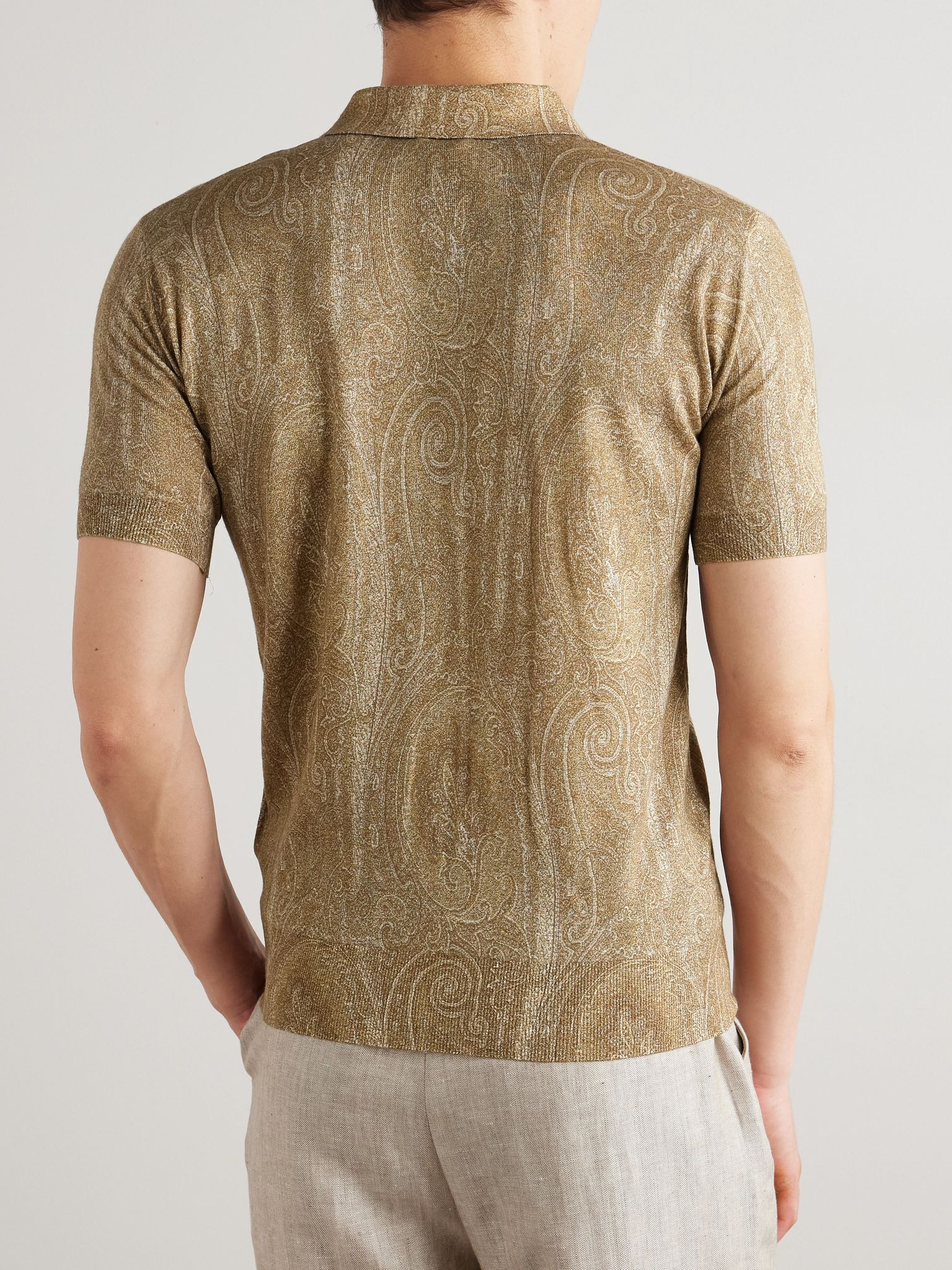 Slim-Fit Paisley-Print Silk and Cashmere-Blend Polo Shirt Beige - 3