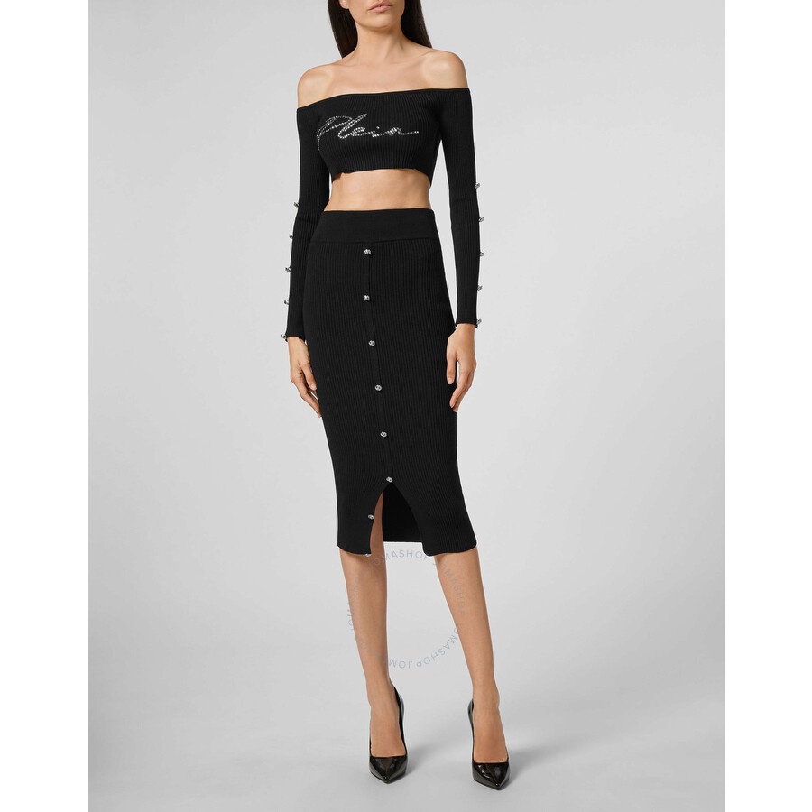 Philipp Plein Black Signature Rib Knit Top and Skirt Set, Size X-Small - 6