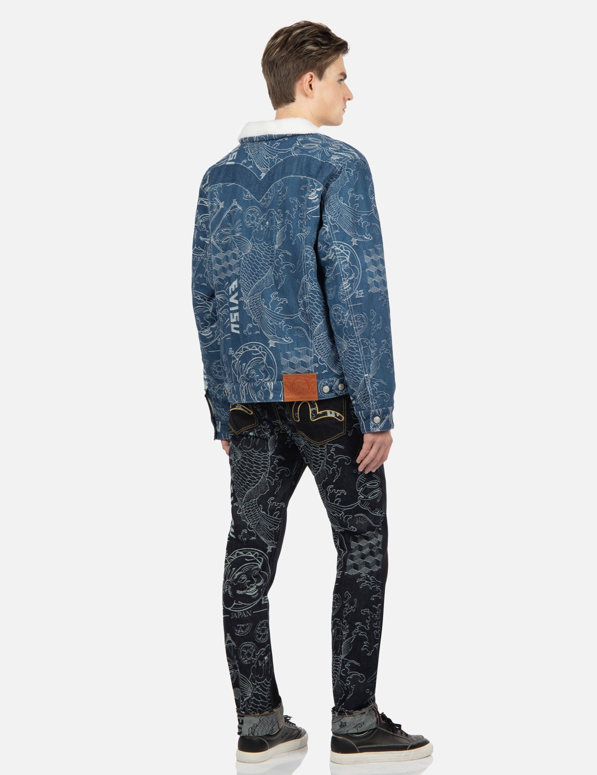 ALLOVER JAPANESE PATTERN JACQUARD SHERPA-LINED DENIM JACKET - 4