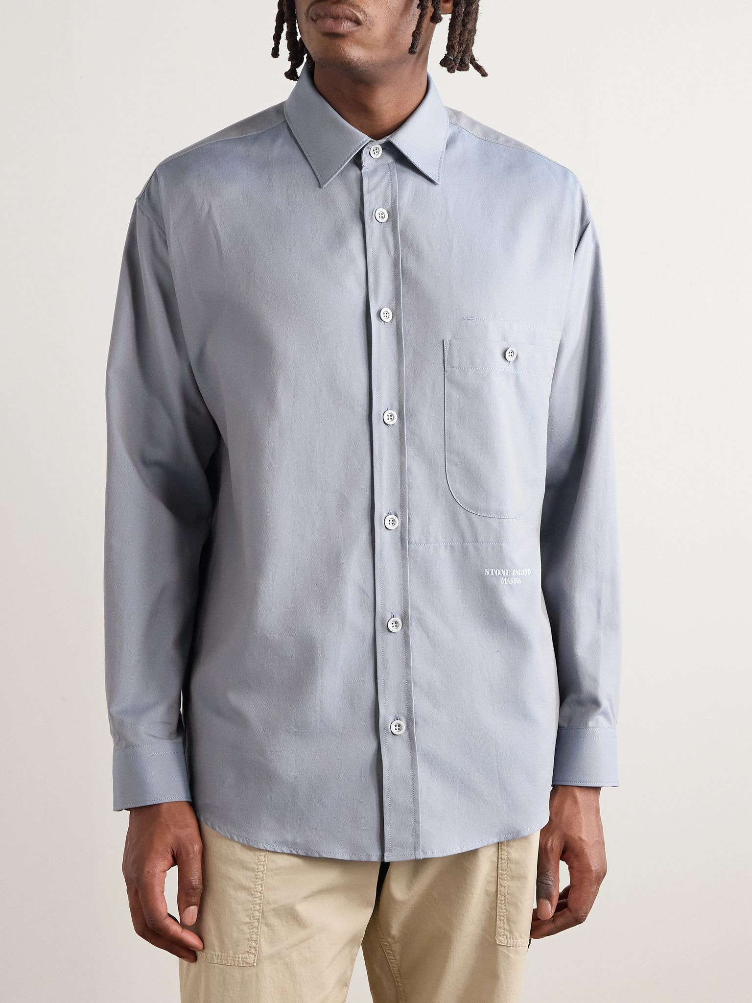 Marina Logo-Embroidered Garment-Dyed Cotton Oxford Shirt Blue - 3