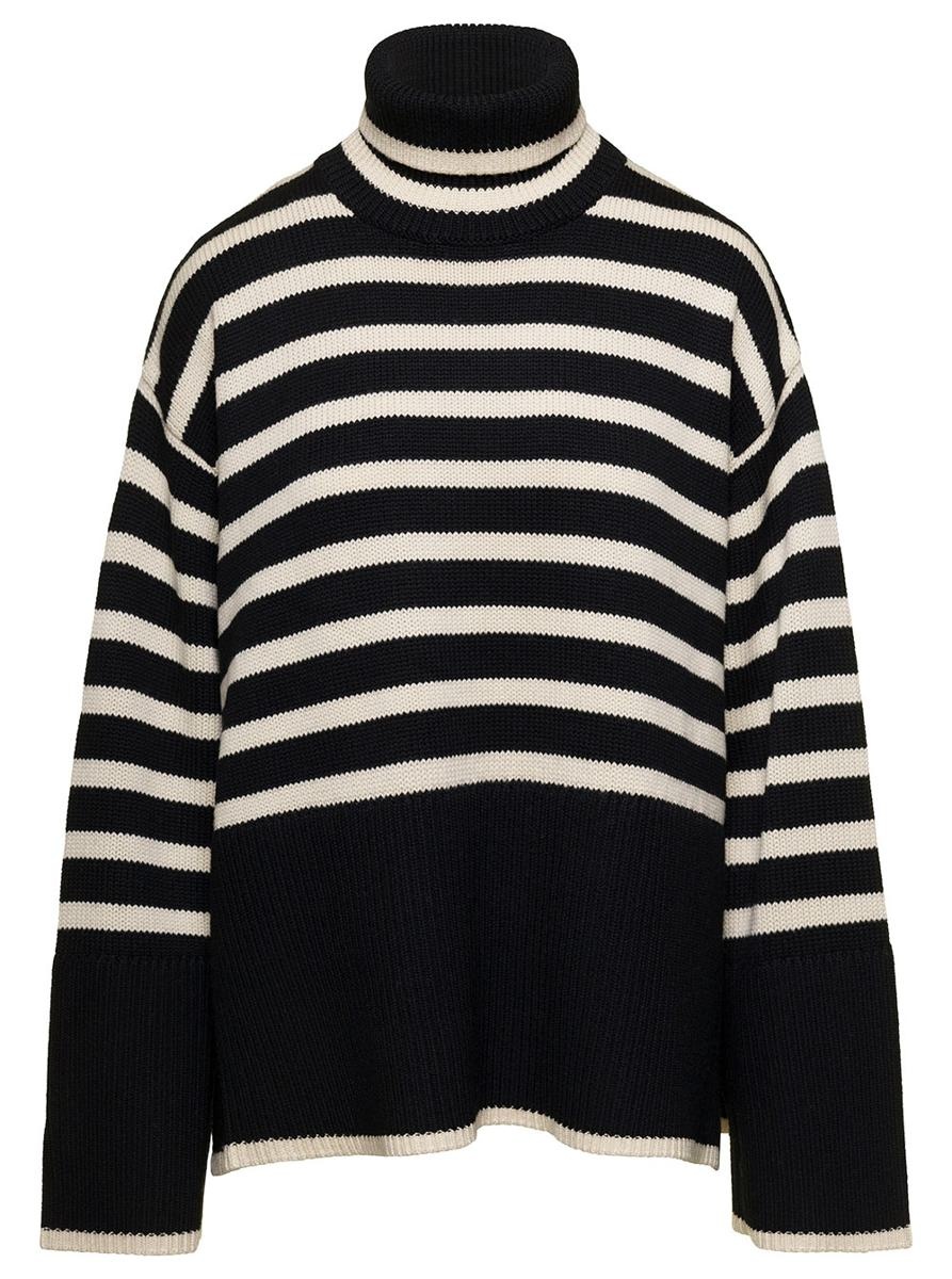 TOTÊME BLACK AND WHITE SWEATER WITH STRIPED MOTIF IN WOOL WOMAN - 1