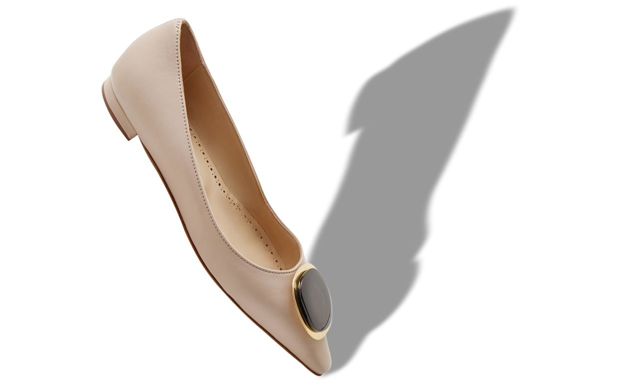 Beige Nappa Leather Pointed Toe Flat Pumps - 2