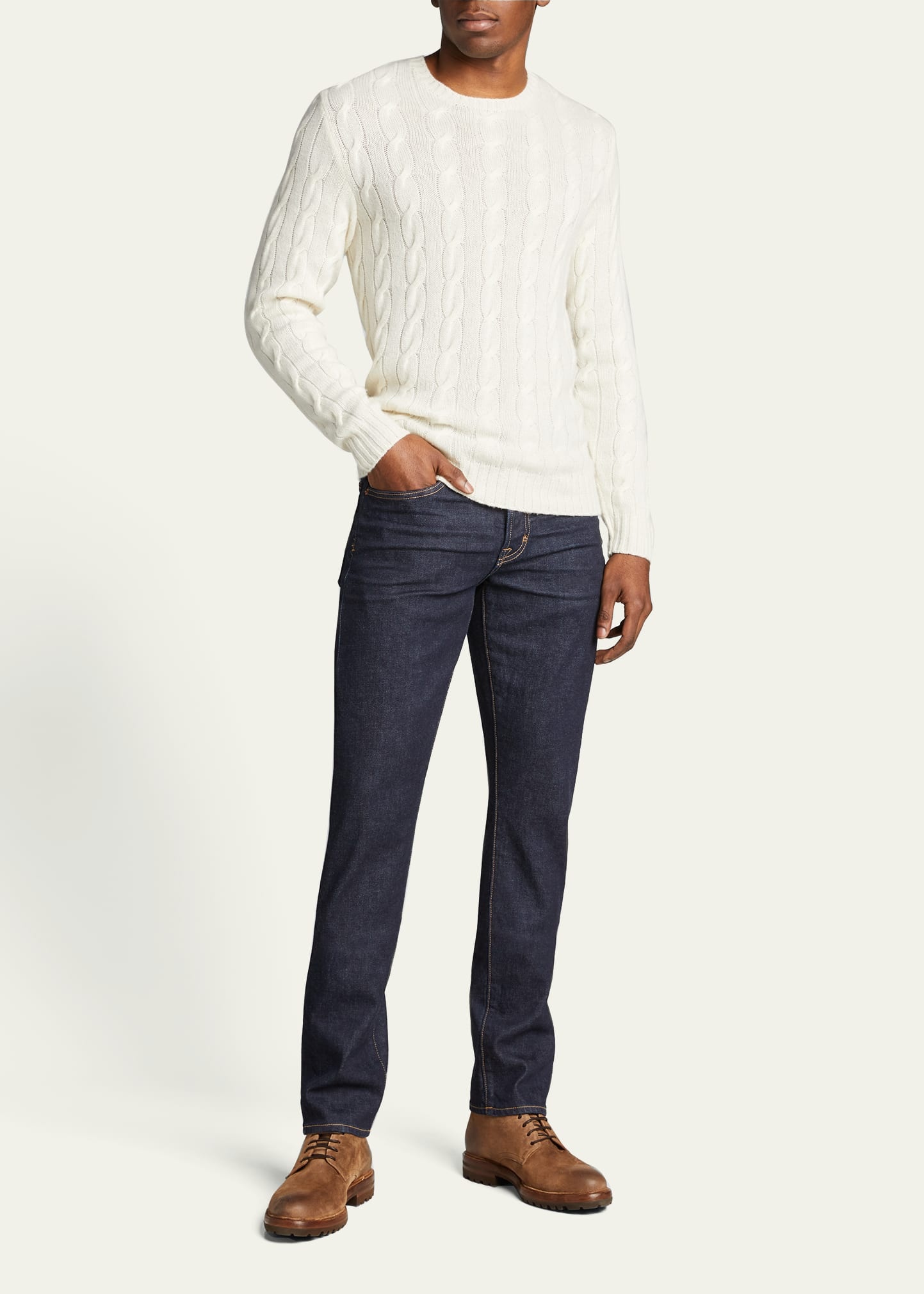 Cashmere Cable-Knit Crewneck Sweater, Cream - 2