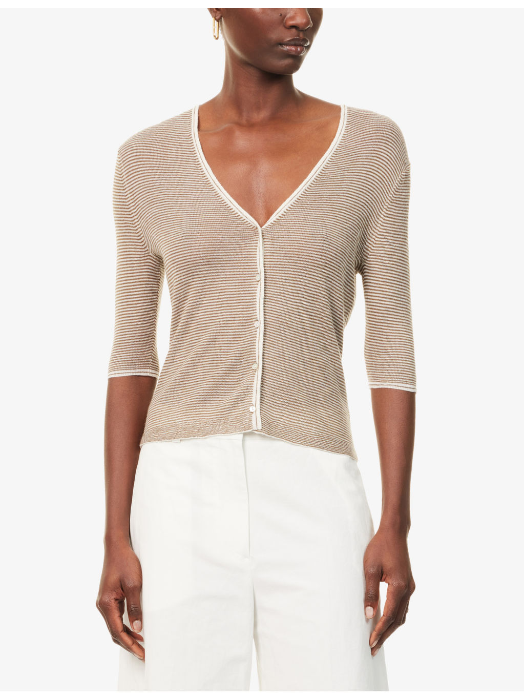 Striped Short-Sleeves Cashmere And Silk Cardigan - 3