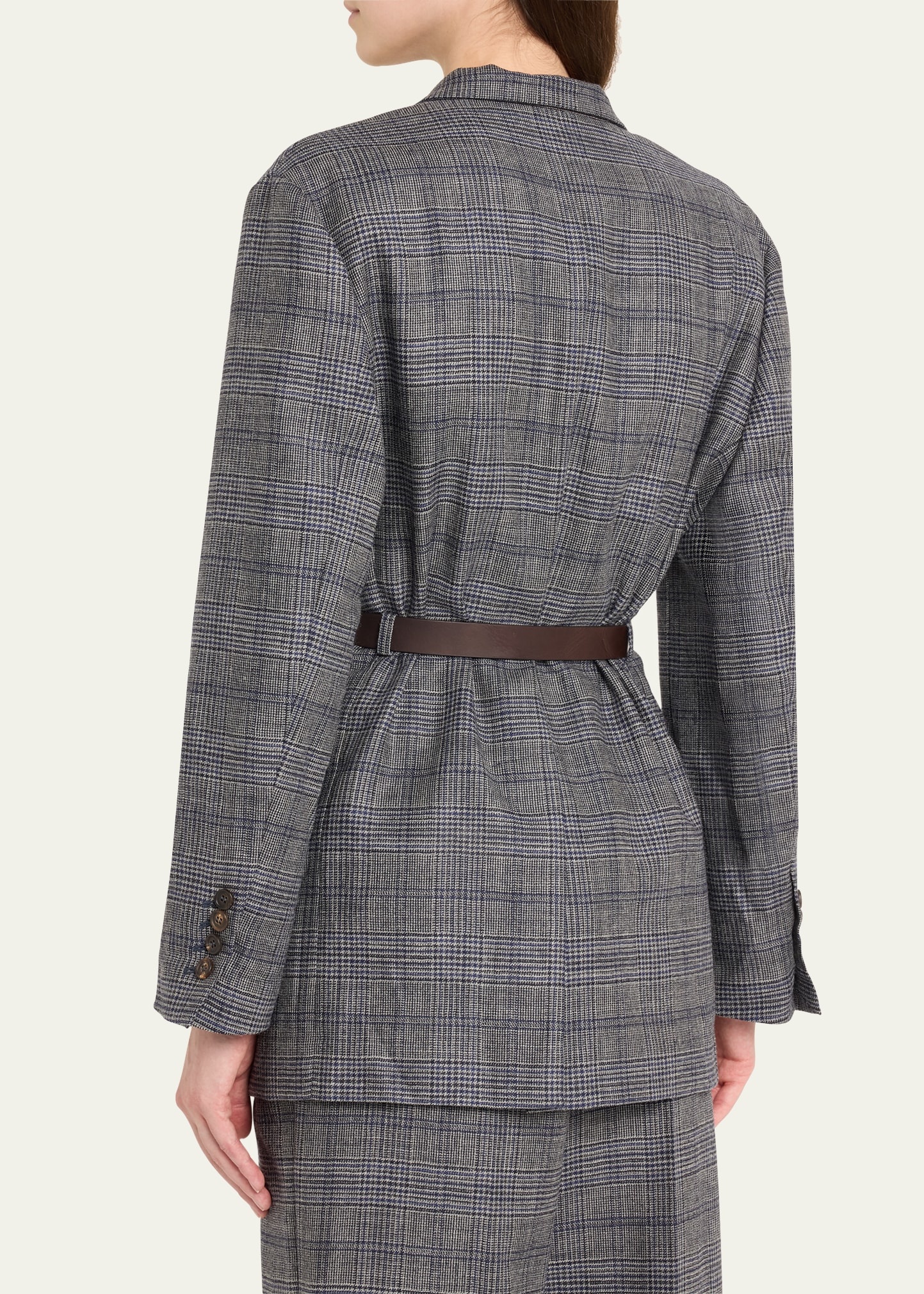 Belted Wool Prince Of Wales Single-Breasted Blazer Jacket - 3