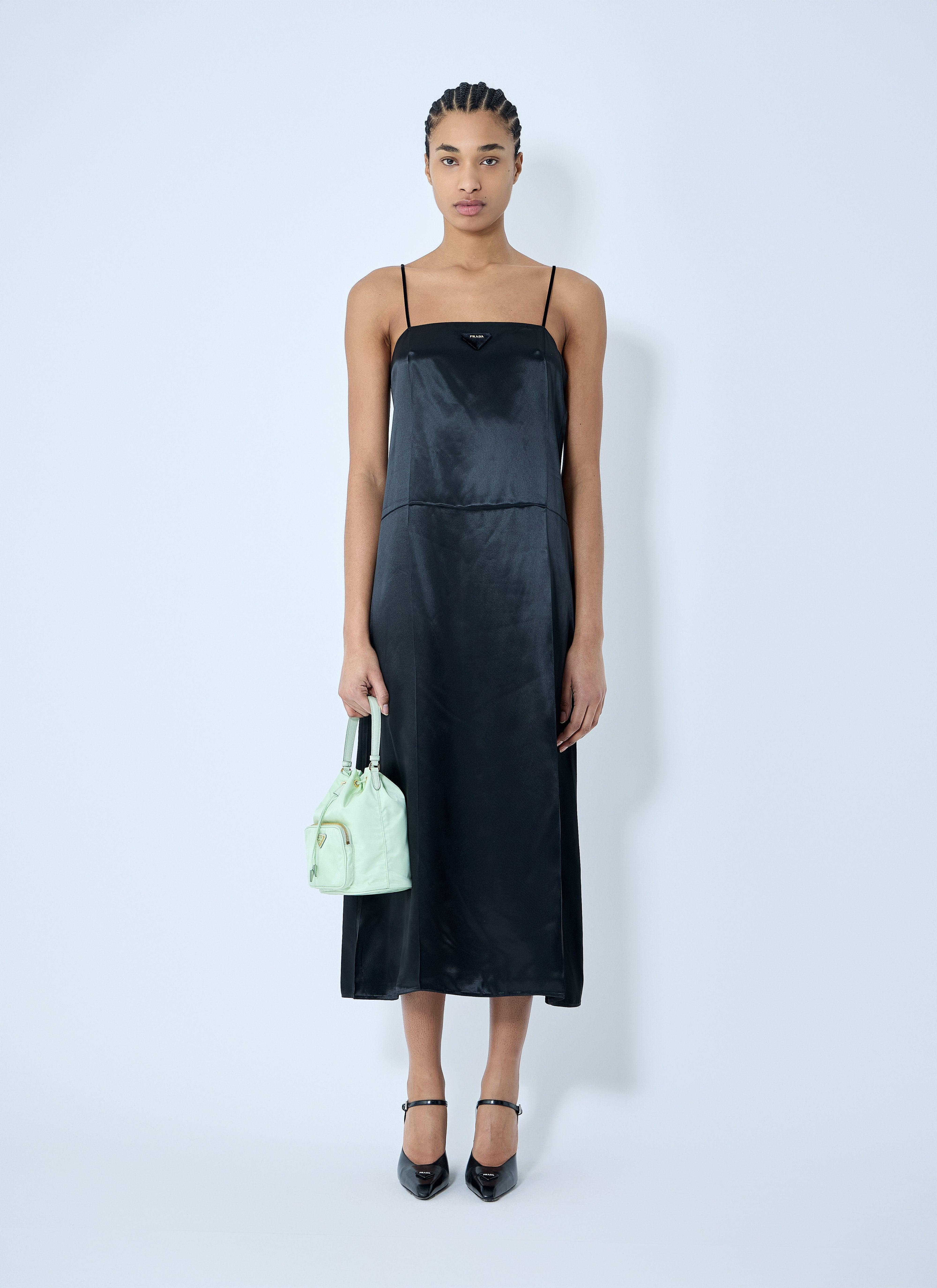 Prada Women Satin Logo Patch Midi Dress - 2