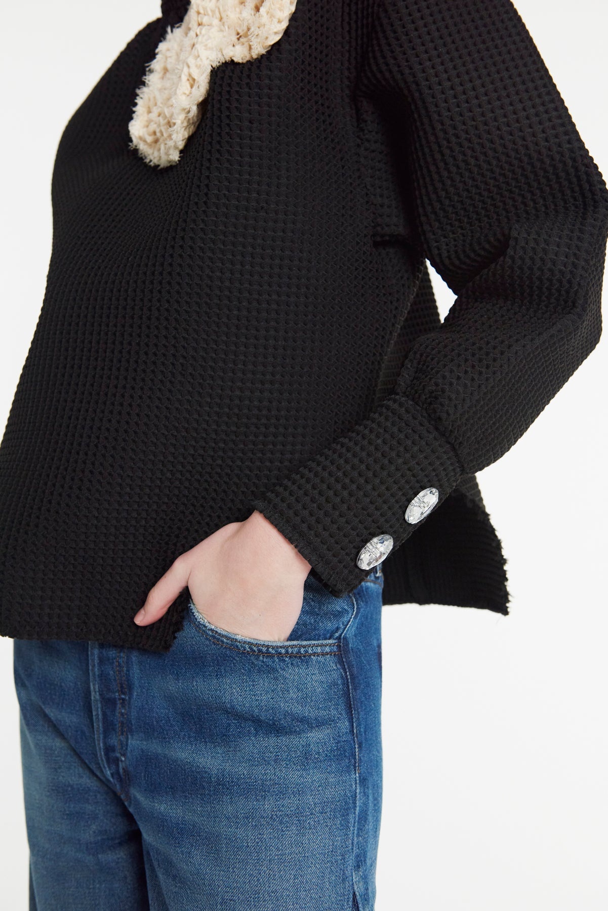 WAFFLE TEXTURE TOP WITH 3D FLOWERS BLACK - 12