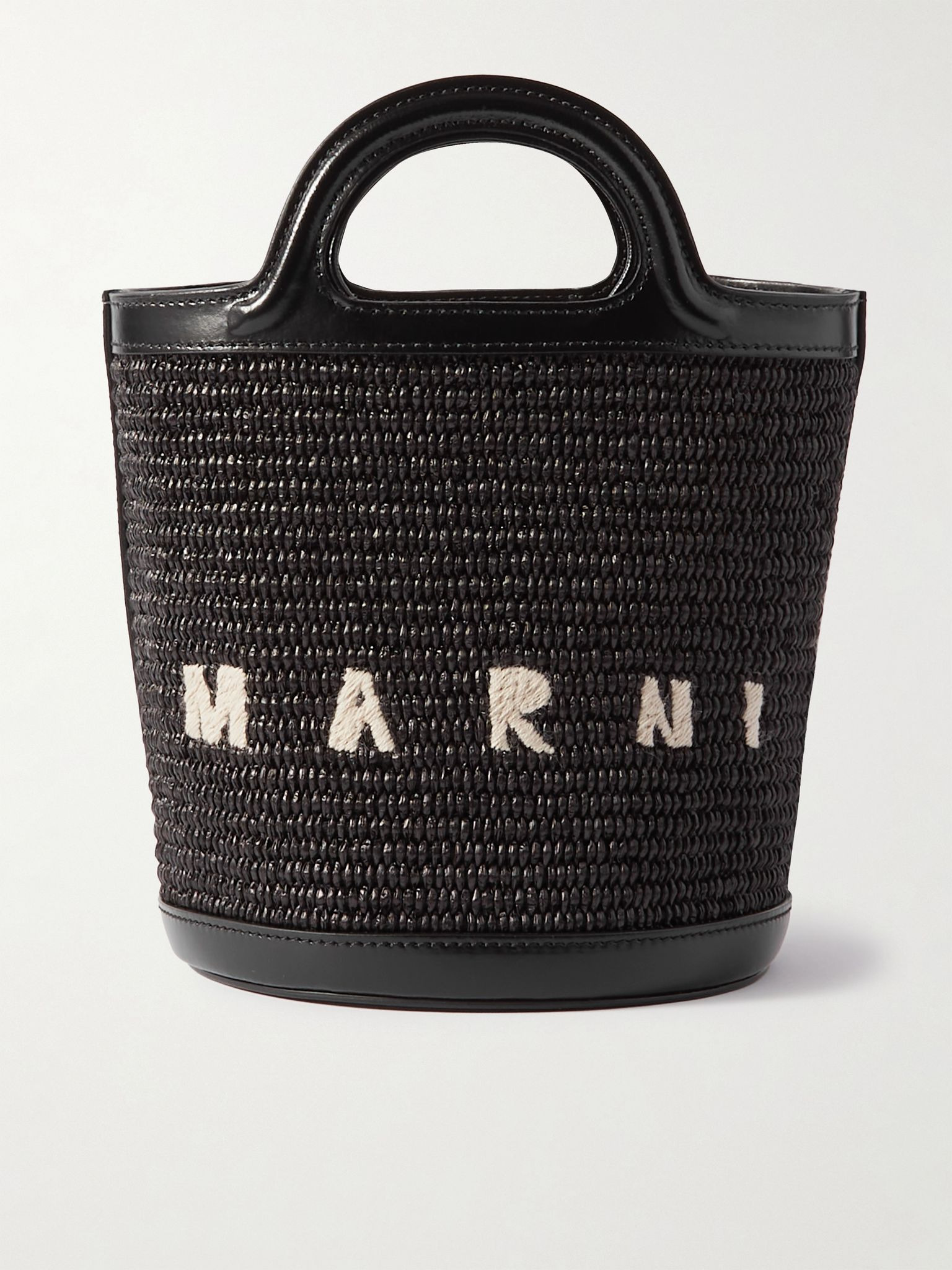 Tropicalia small leather-trimmed embroidered raffia bucket bag Black - 1