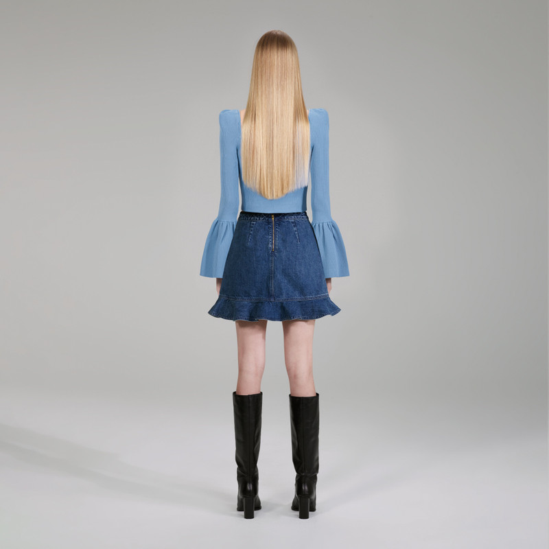 self-portrait Pastel Blue Lace Insert Ribbed Knit Top outlook