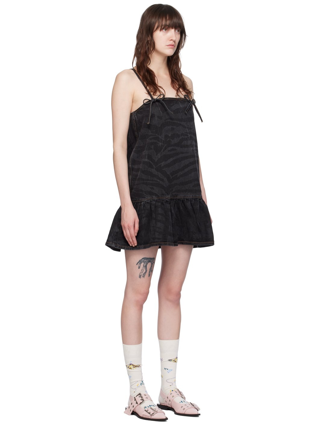 Black Bow Denim Minidress - 2