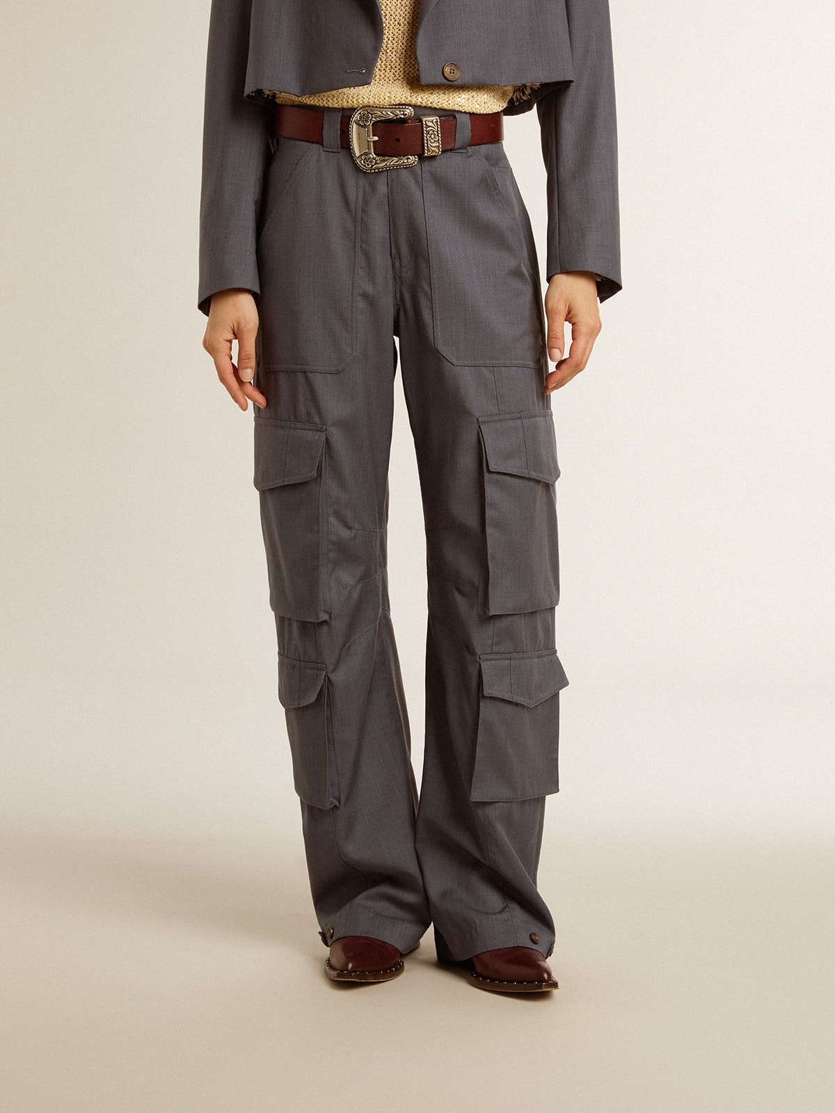 Women's cargo pants in baby blue wool - 2