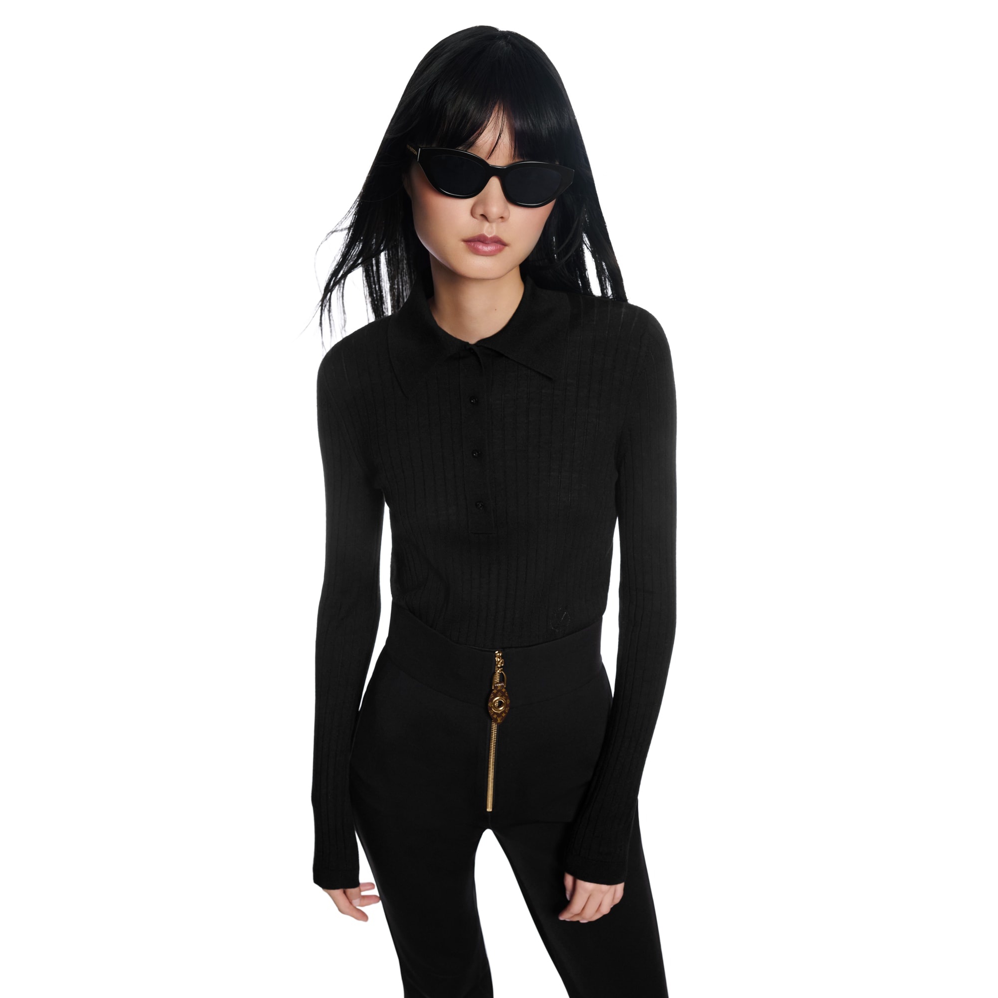 Long-Sleeved Rib-Knit Polo Top - 4