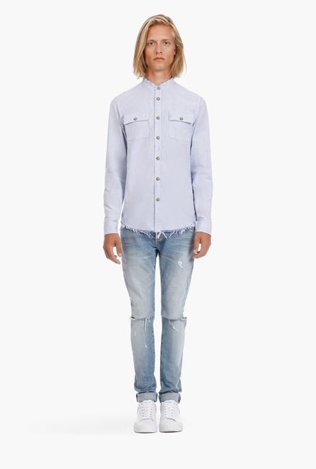 White cotton shirt with blue pinstripes - 4