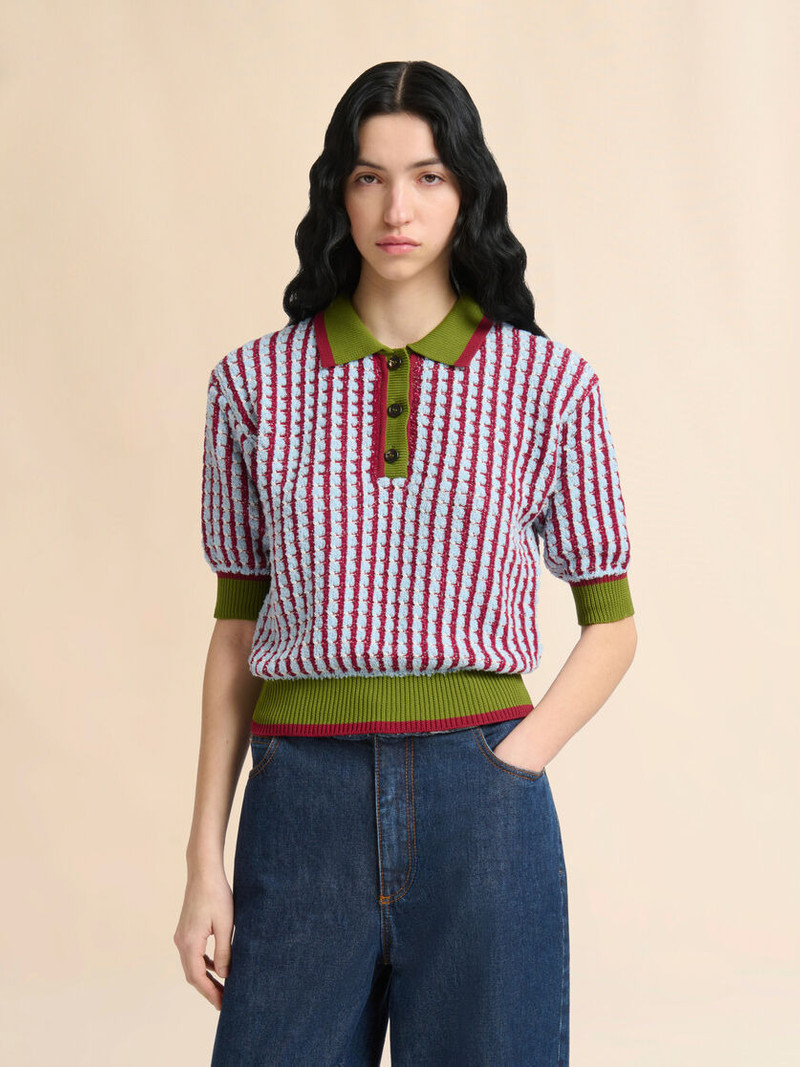 Marni BLUE AND BURGUNDY BOUCLÉ TWEED-EFFECT POLO SHIRT outlook