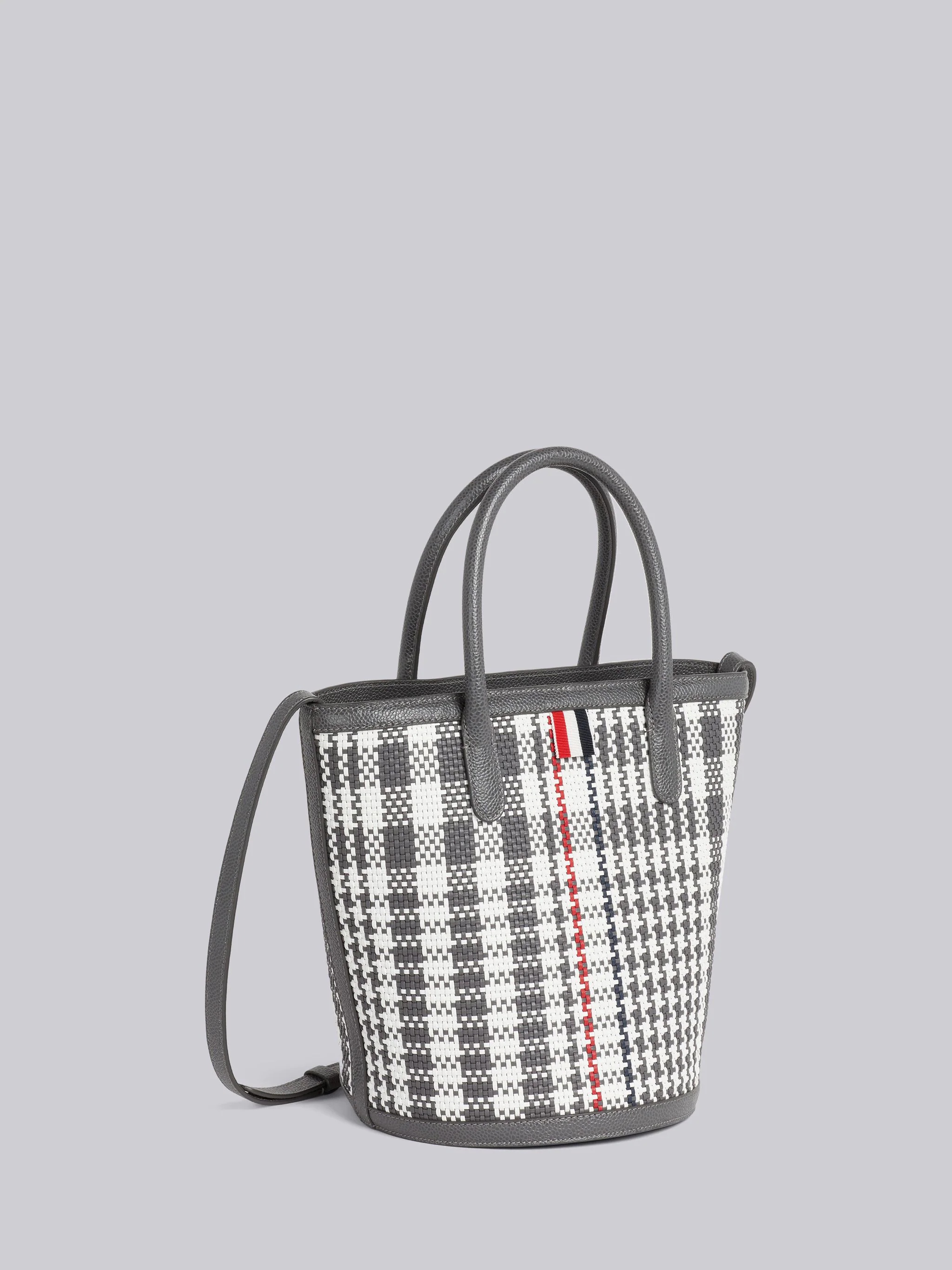 Dark Grey Calf Check Weaving Leather Frame Shoulder Strap Mini Bucket Bag - 3