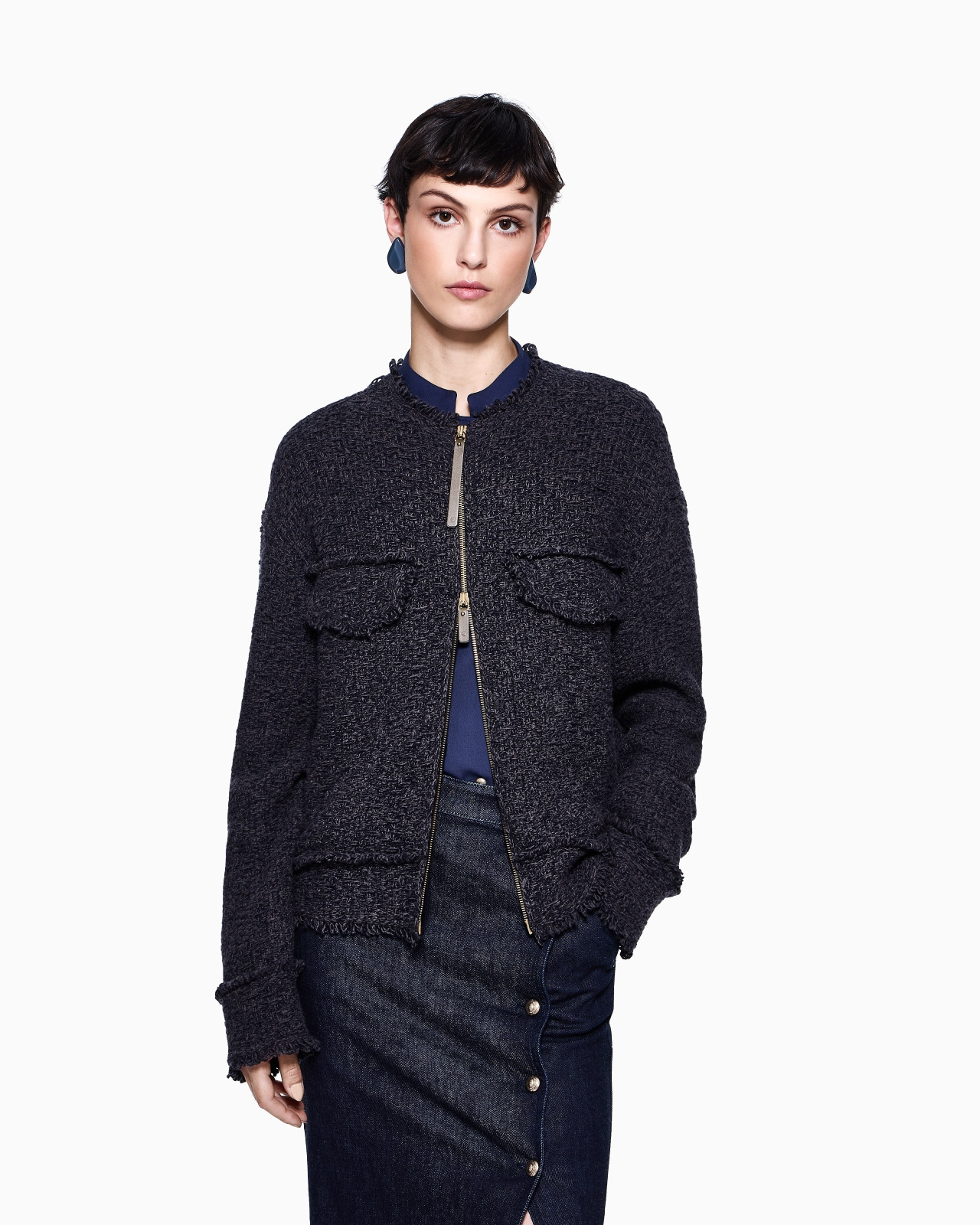 DENIM COLLECTION ZIP-UP CARDIGAN IN WOOL, COTTON AND CASHMERE - 4