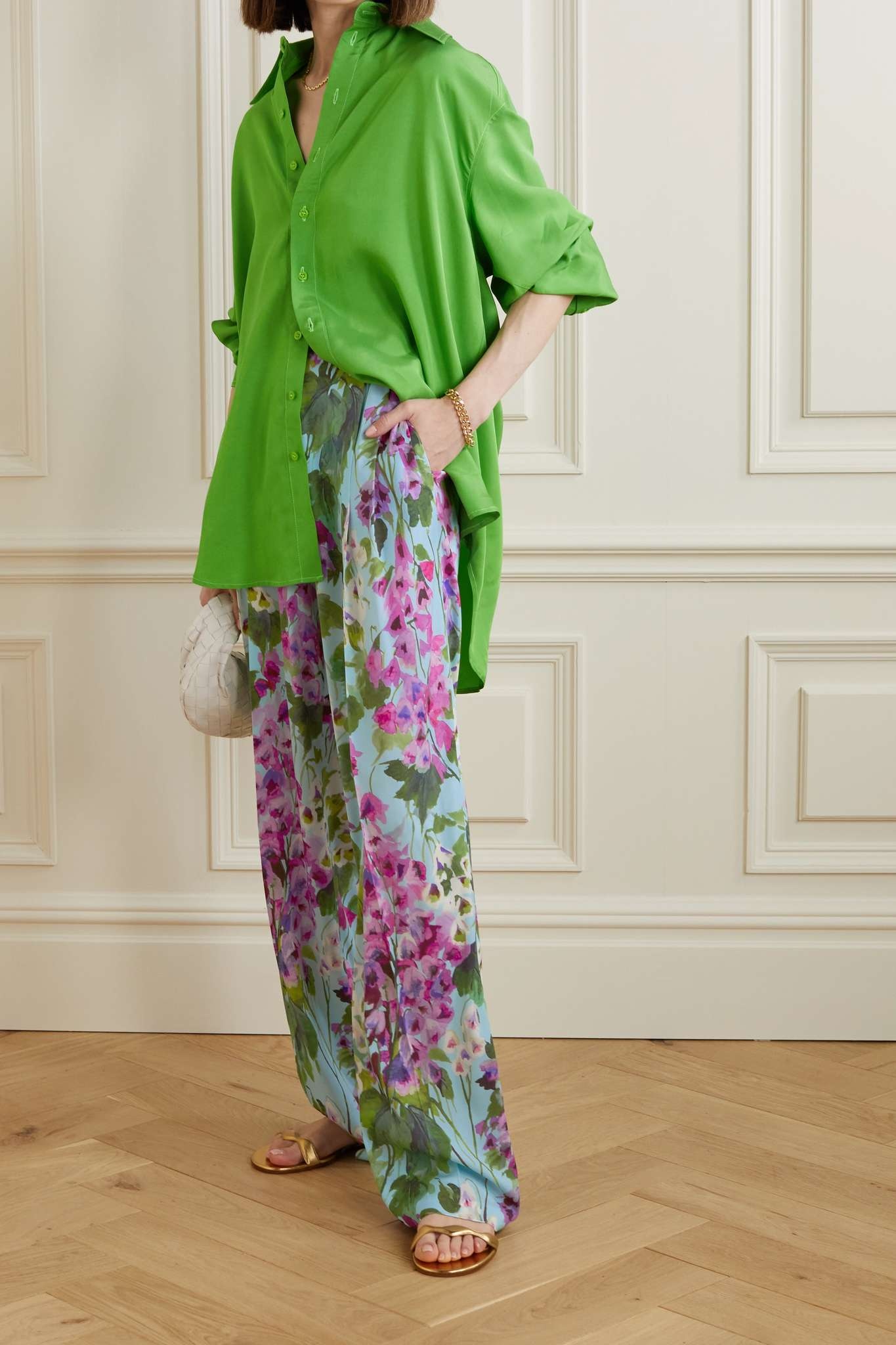 Floral-print silk-blend charmeuse wide-leg pants - 2