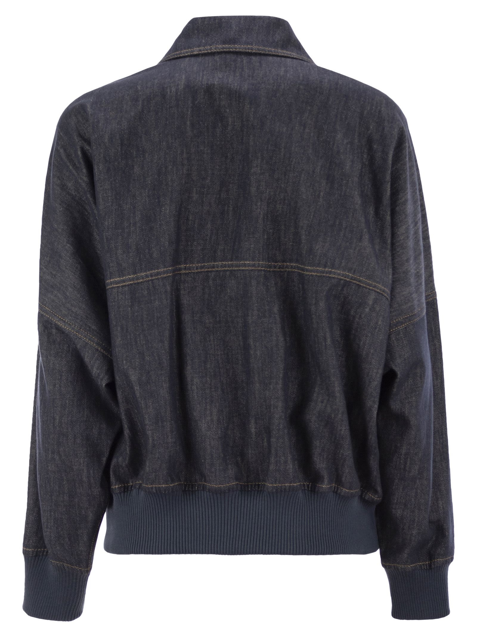 Brunello Cucinelli Women Denim-Effect Twill Bomber Jacket With Shiny Zip - 2