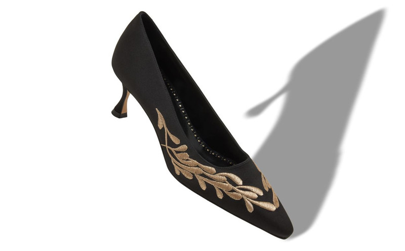 Manolo Blahnik Black and Gold Satin Pumps outlook