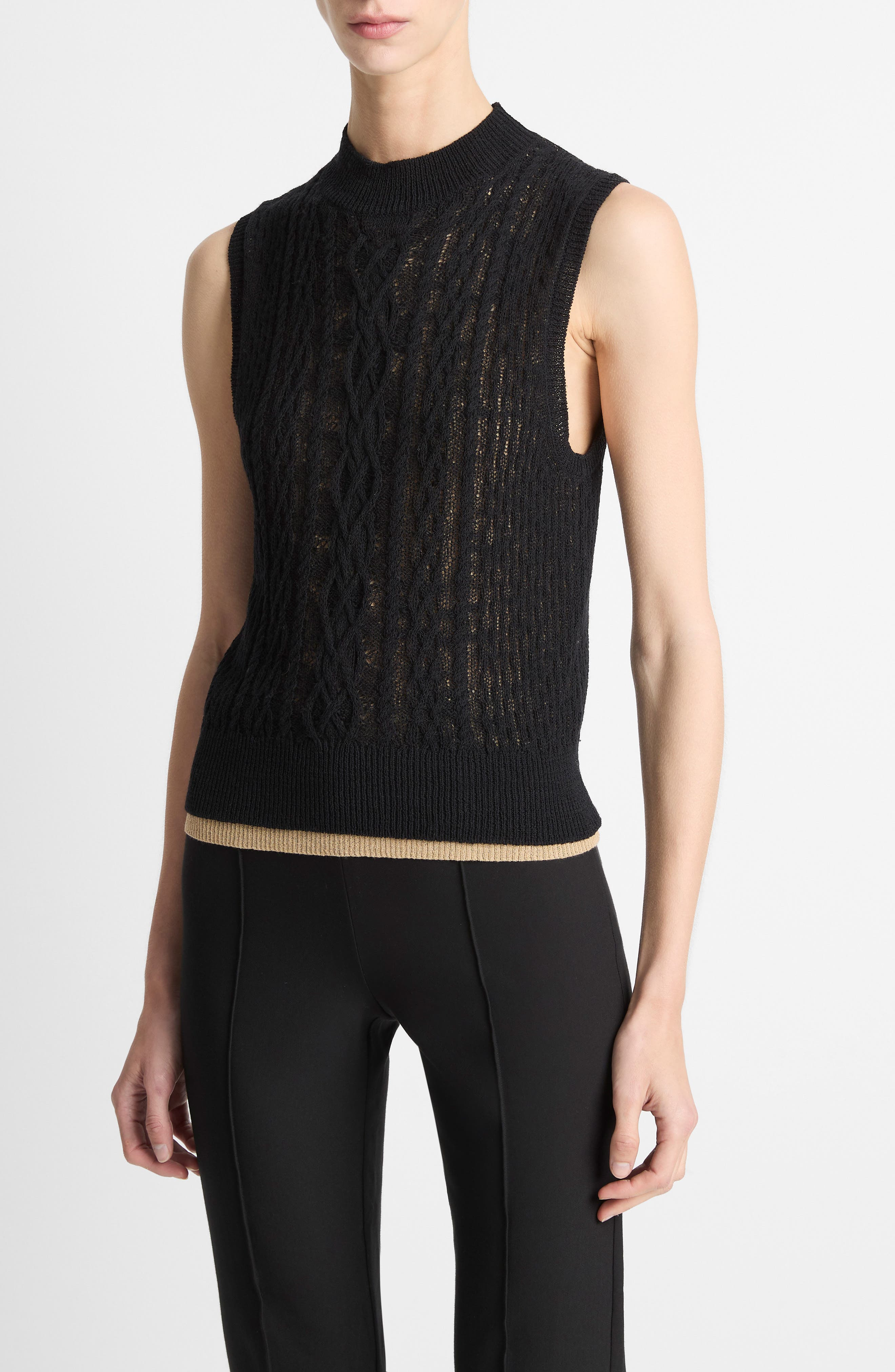 Vince Mock Neck Cable Stitch Sweater Vest in Black/gold Cliff at Nordstrom - 1