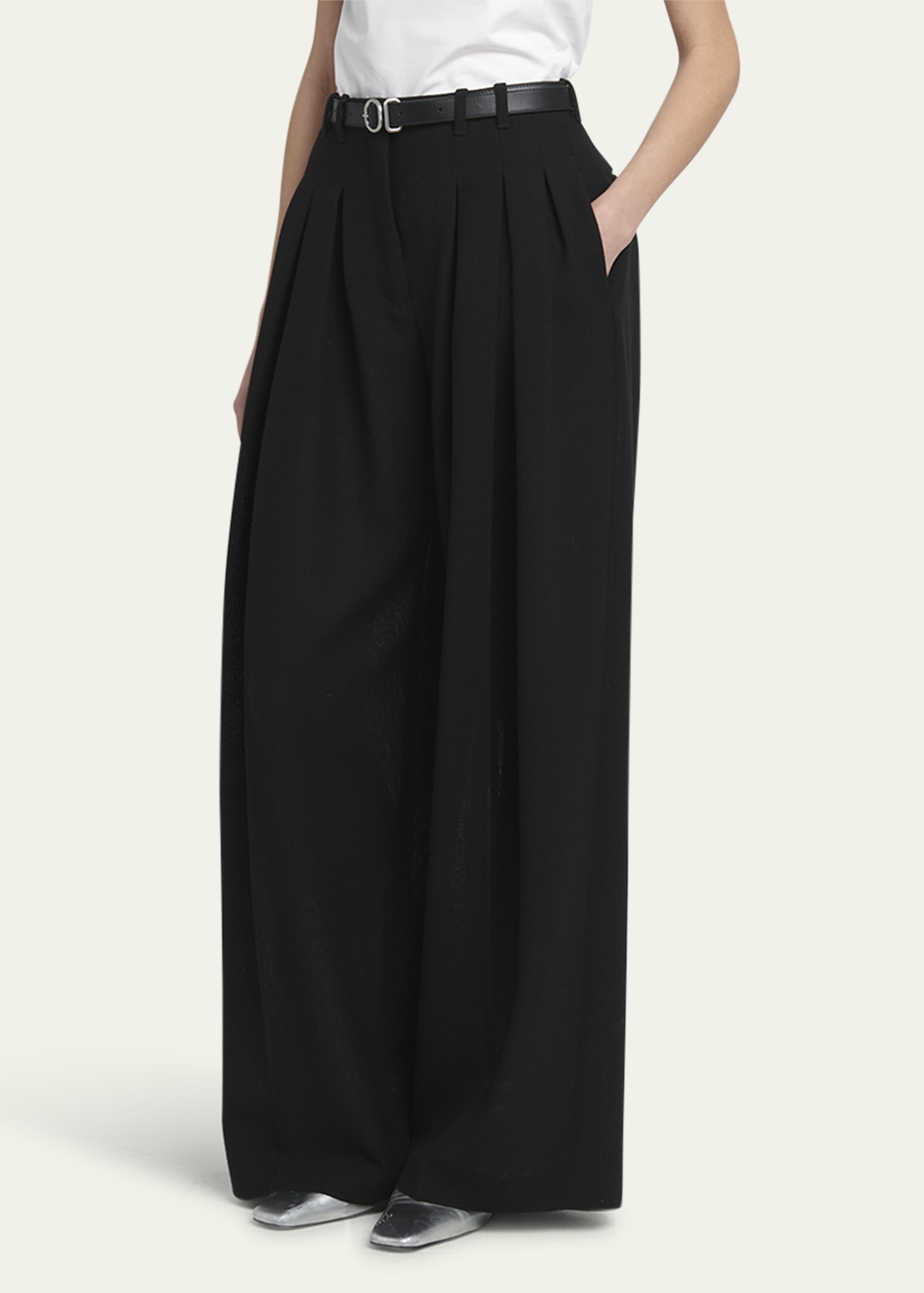 Pintuck Wide Leg Wool Trousers - 4