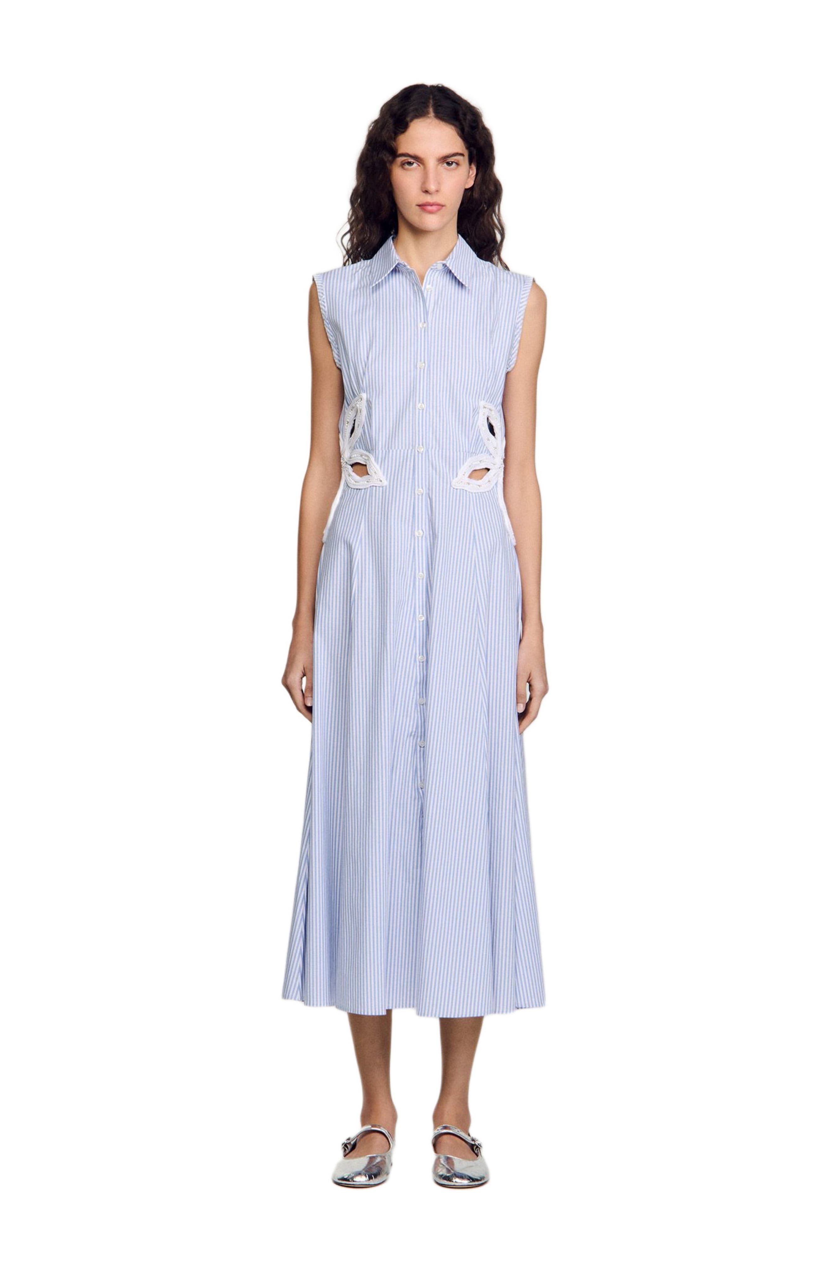 SANDRO Stripy embroidered maxi dress in Sky Blue at Nordstrom - 1