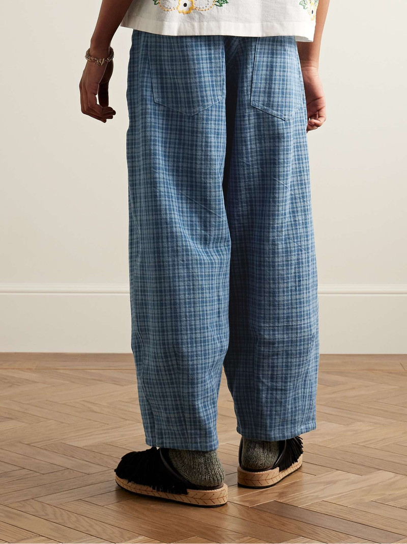 Lush Tapered Pleated Checked Organic Cotton Drawstring Trousers 4