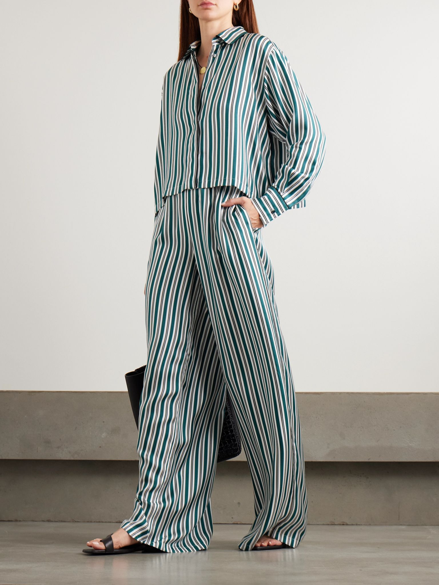 Ladino striped silk-twill wide-leg pants Dark green - 2