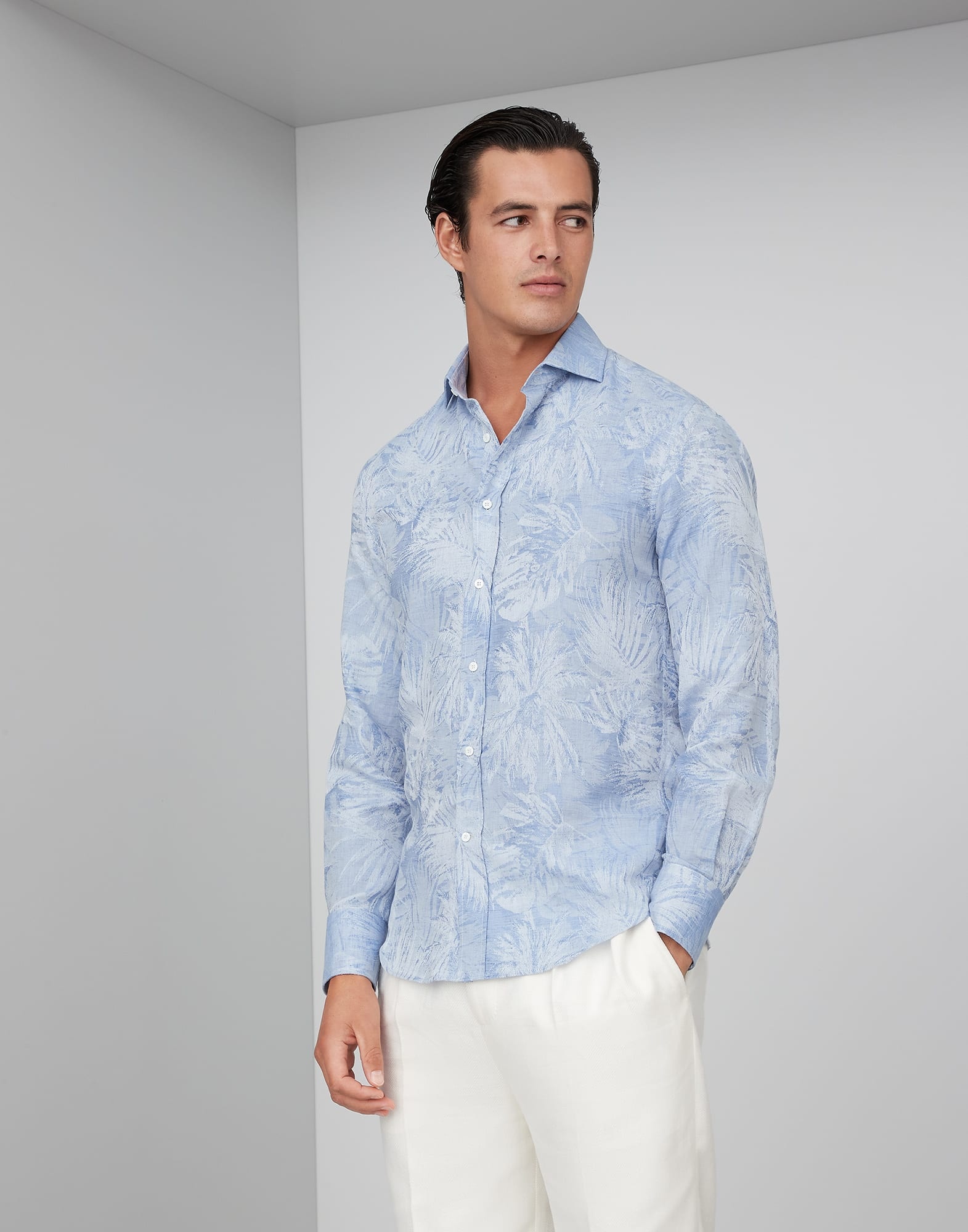 Palm Jacquard linen and cotton slim fit shirt with spread collar - 1