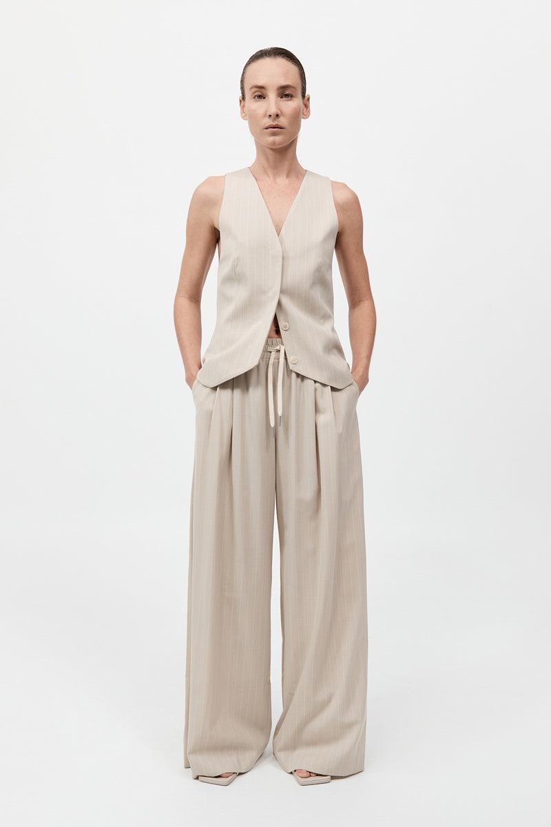 Pinstripe Wool Drawstring Pants - Latte - 2