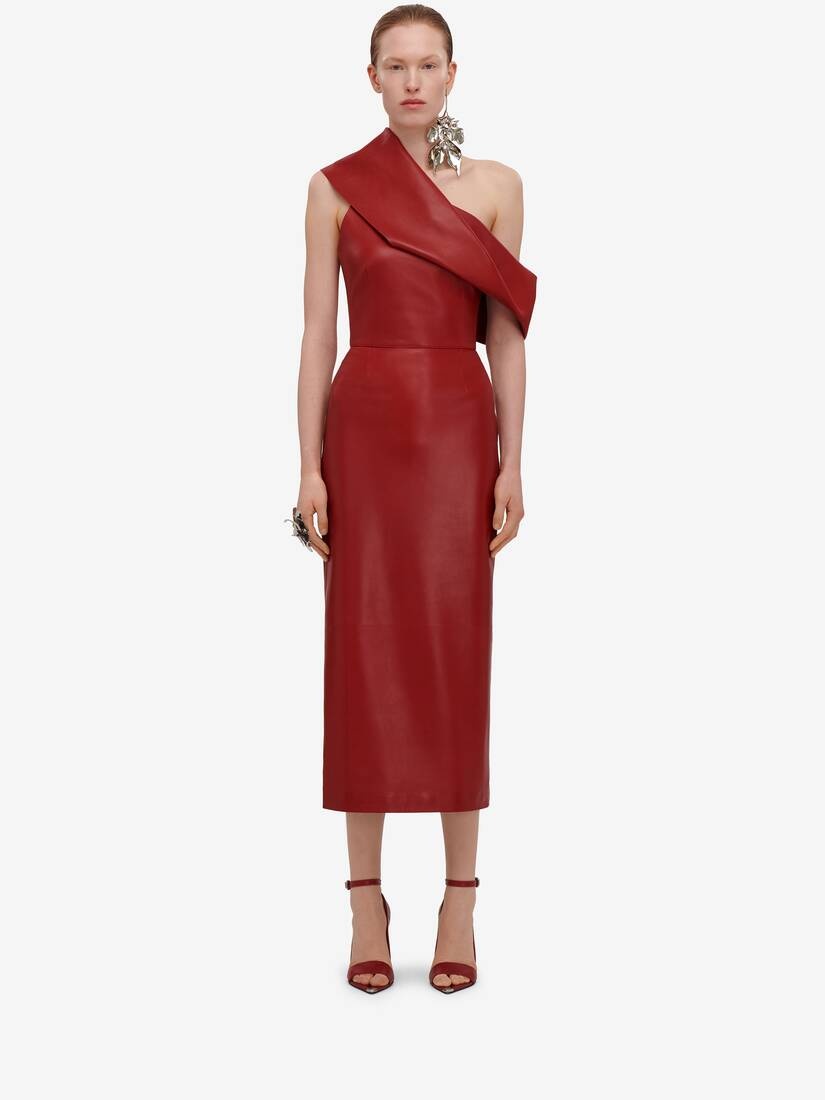 Women's Drape Leather Dress in Blood Red - 2